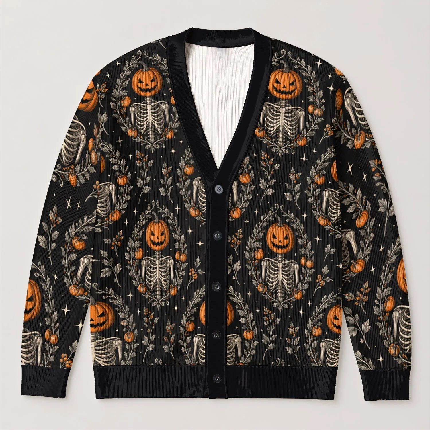 Pumpkin Head Skeletons and Wreaths for Halloween Nights and Autumn Gatherings All-over Print Knitted Cardigan - 1