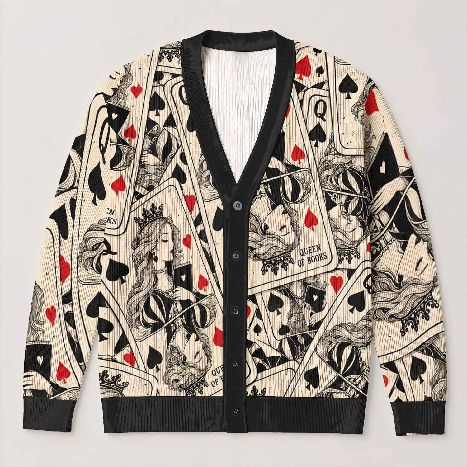 Queen Of Books Playing Cards For Book Lovers And Whimsical Reading Days All-over Print Knitted Cardigan - 1