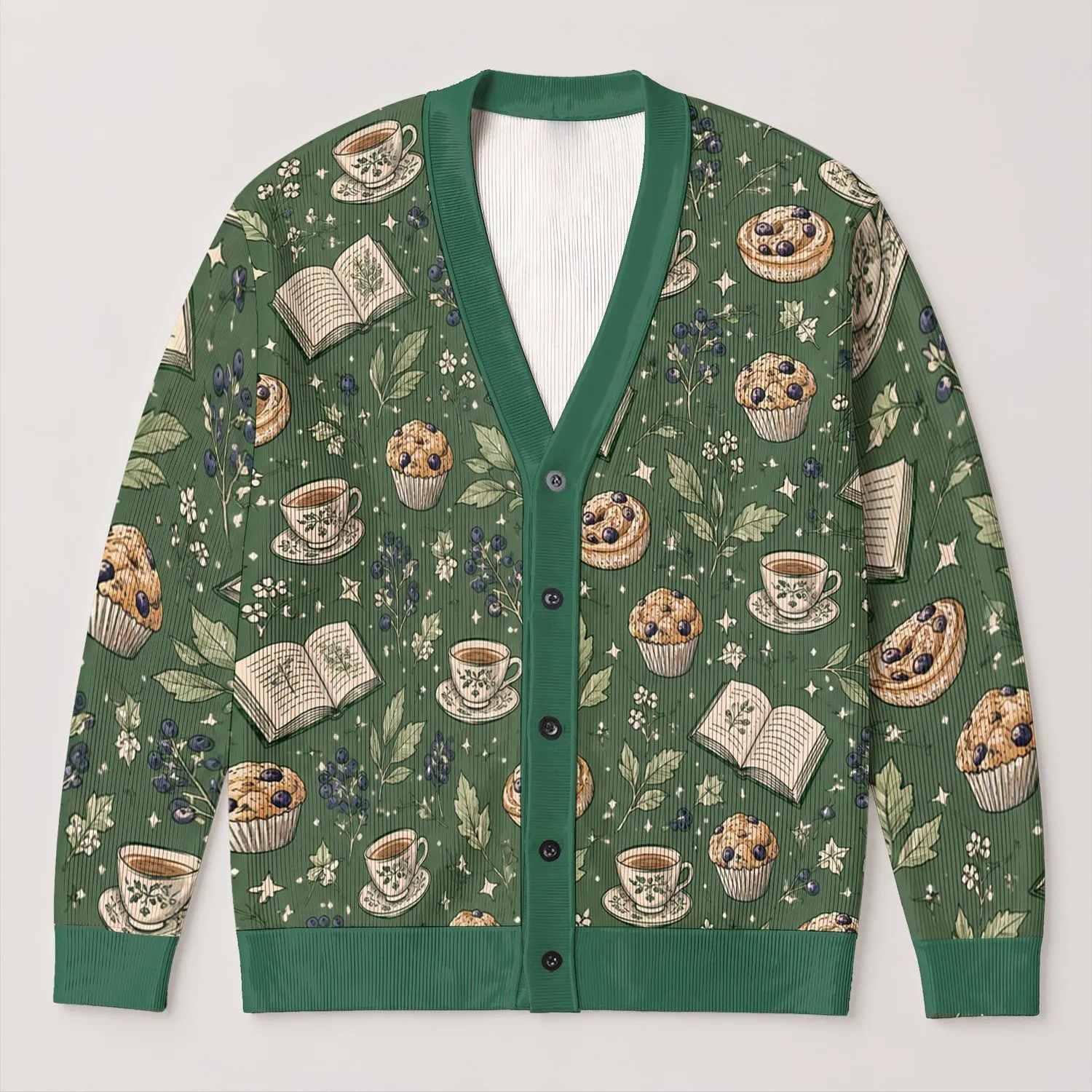 Books Coffee Cups Muffins and Leaves for Cozy Autumn Reading Days All-over Print Knitted Cardigan - 1