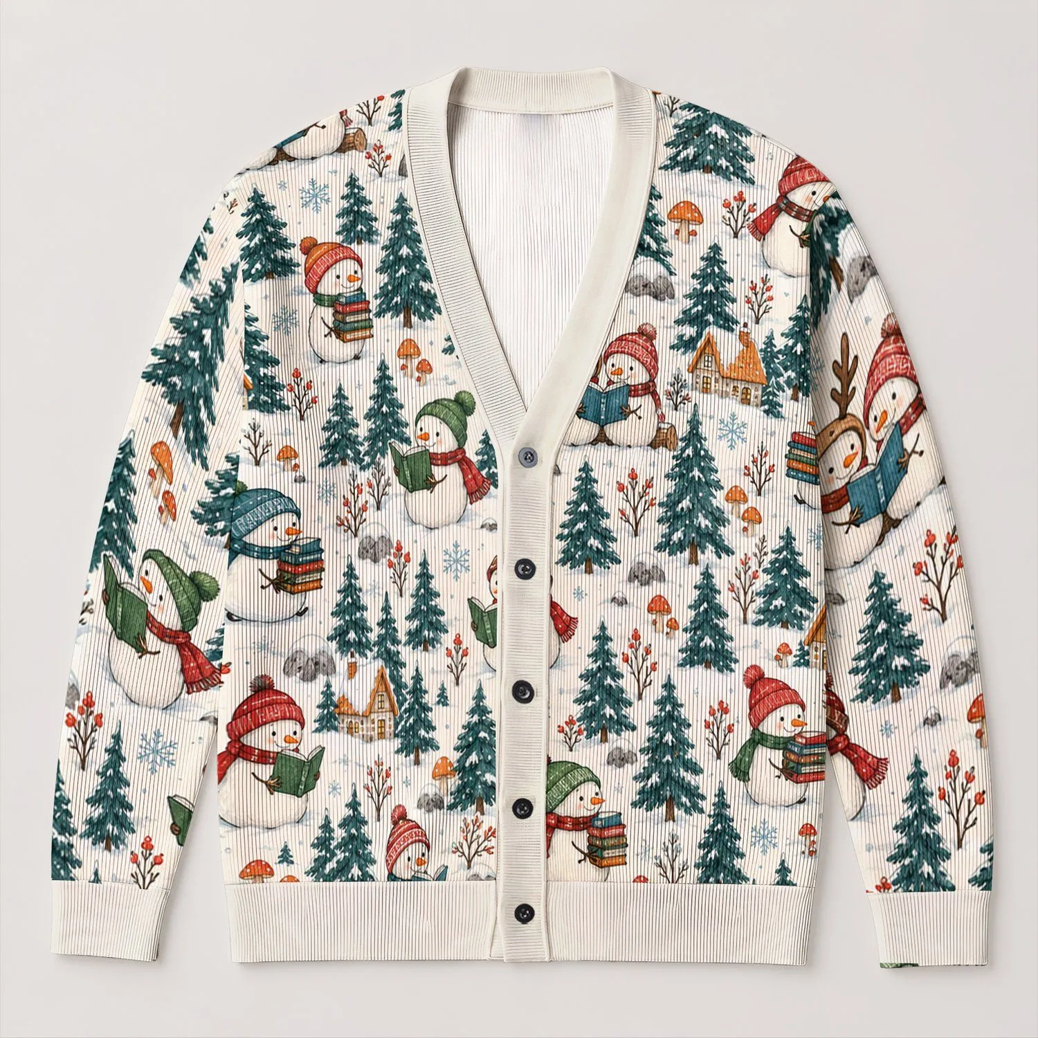 Cute Snowmen Reading Books in a Winter Forest for Cozy Everyday Layering All-over Print Knitted Cardigan - 1