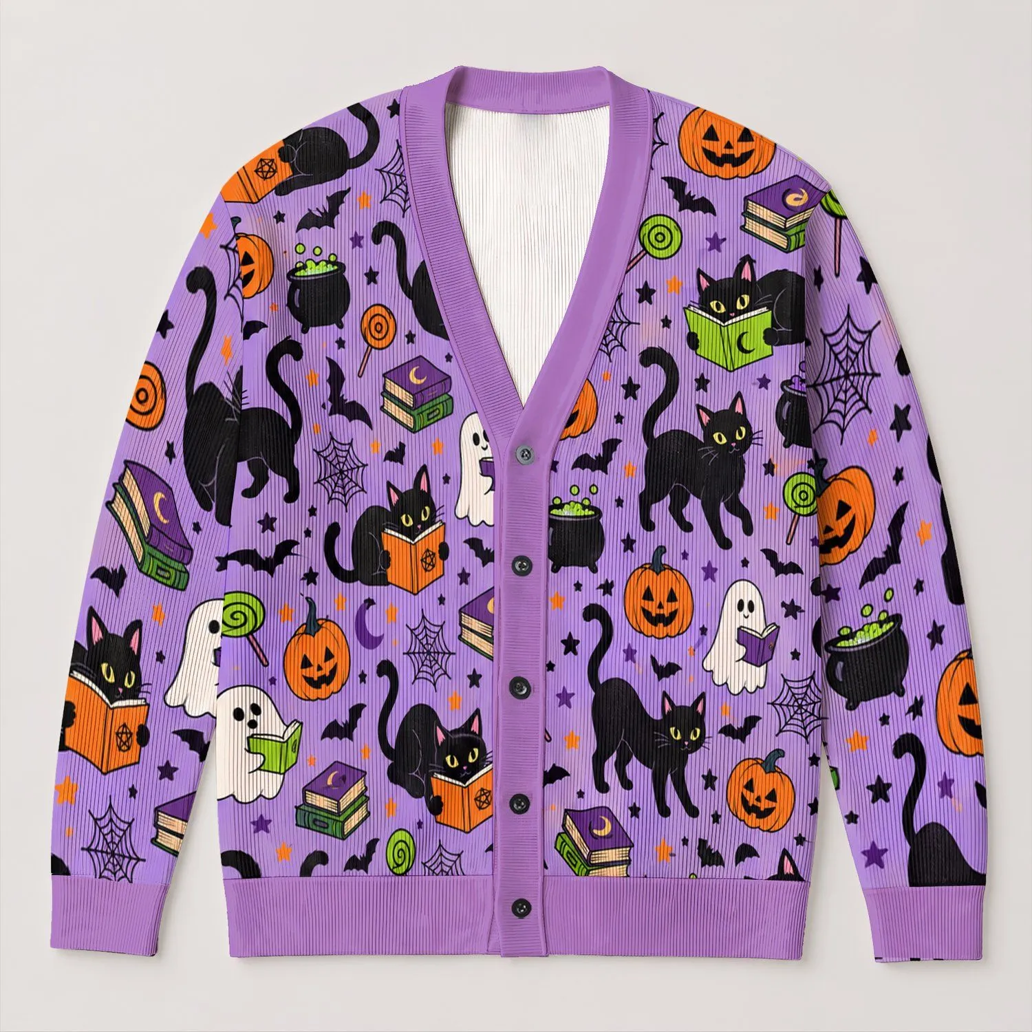 Black Cats, Pumpkins And Spellbooks For Halloween Season And Cozy Fall Outings All-over Print Knitted Cardigan - 1