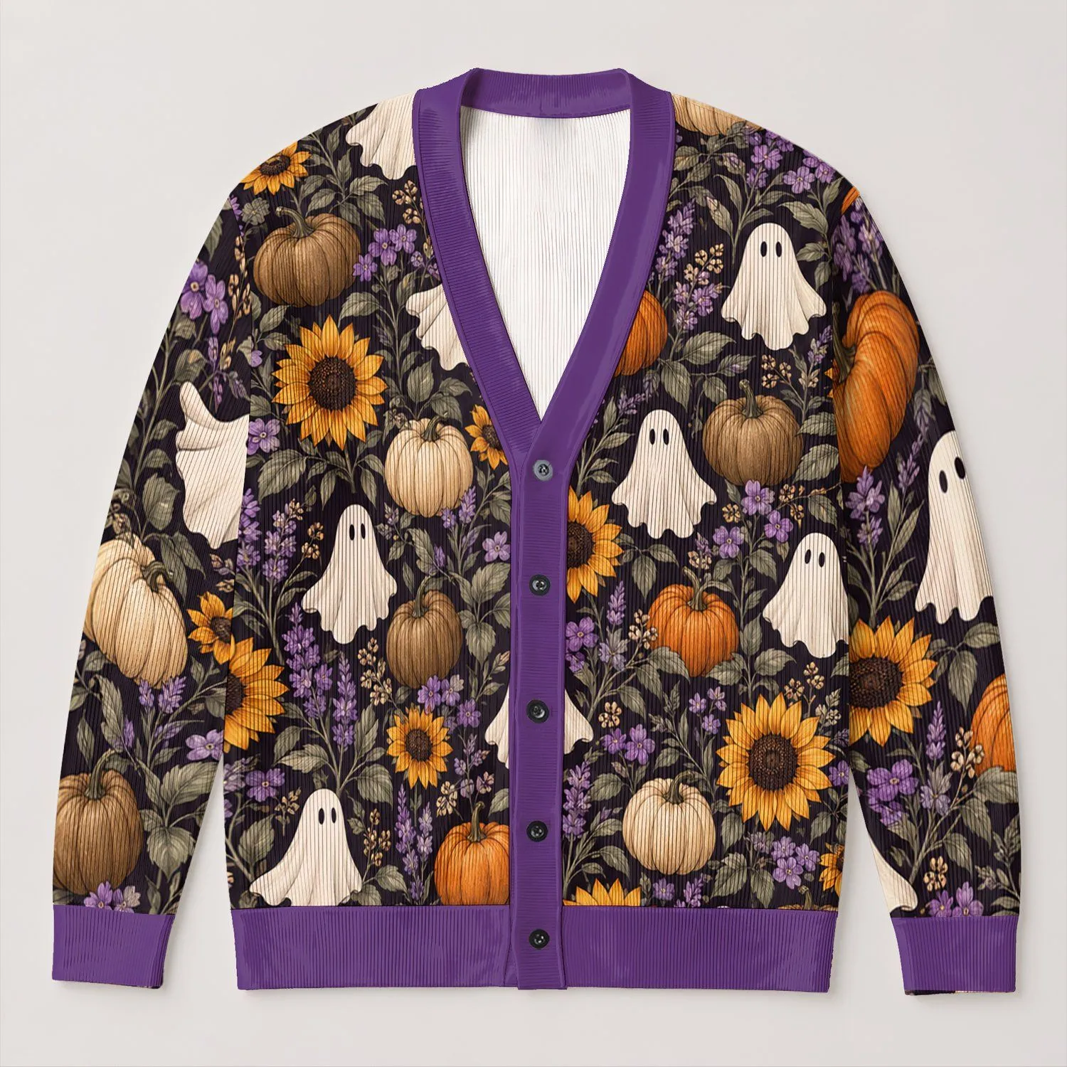Cute Halloween Ghosts, Pumpkins And Sunflowers For Cozy Autumn Everyday Wear All-over Print Knitted Cardigan - 1