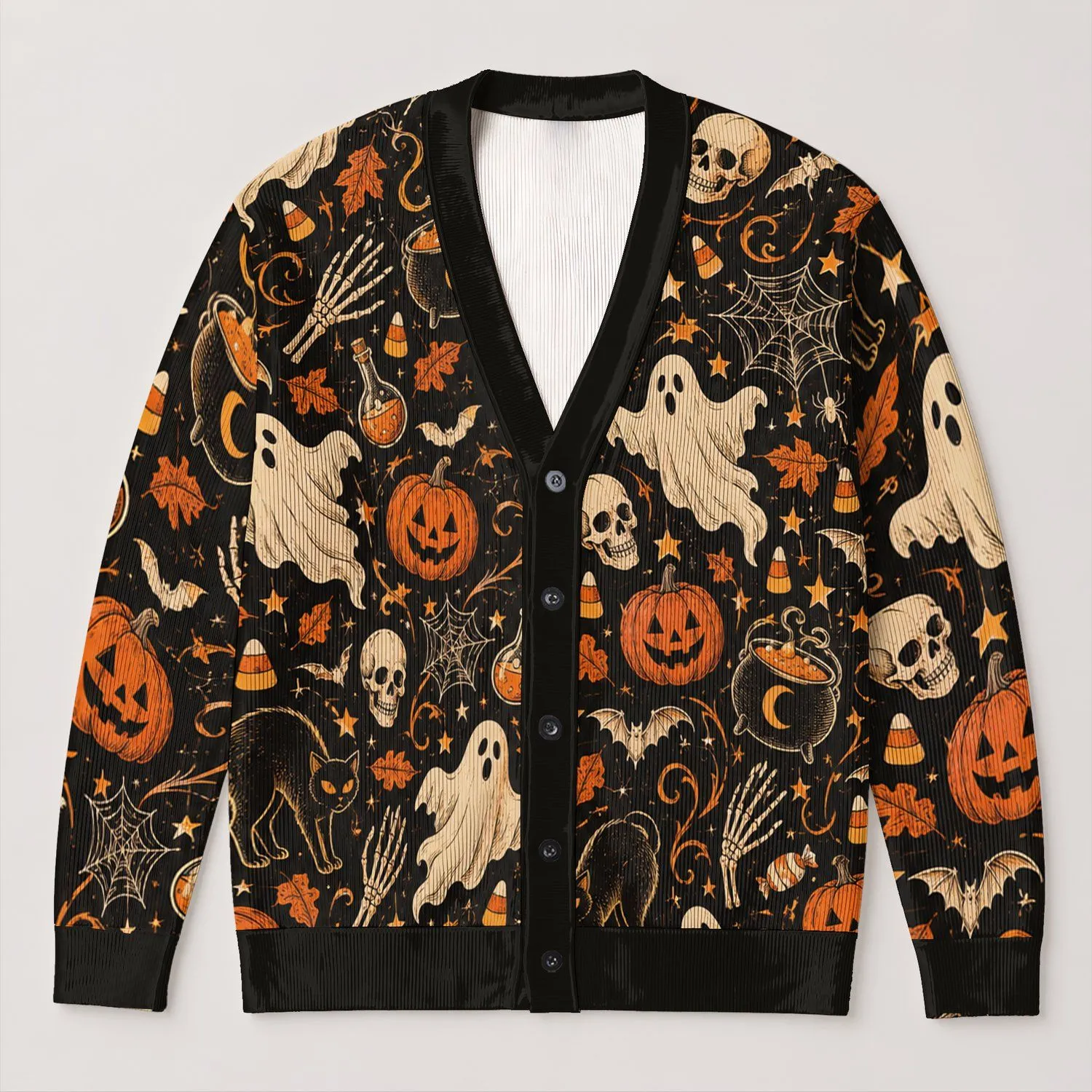 Halloween Ghost Pumpkin Skull Motifs for Spooky Autumn Nights and October Parties All-over Print Knitted Cardigan - 1