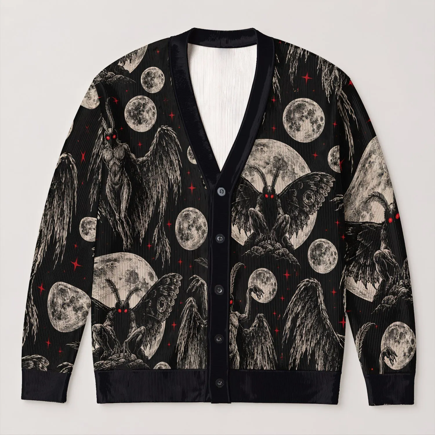 Mothman Full Moon Halloween Night Sky for Teen Gothic Cryptid and Horror Fans All-over Print Knitted Cardigan - 1