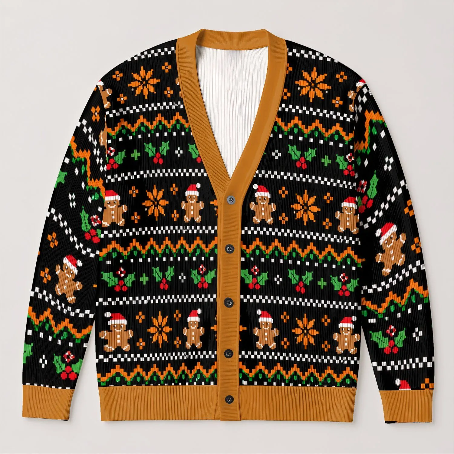 Santa Hat Gingerbread and Snowflakes for Festive Holiday Layering for Teens All-over Print Knitted Cardigan - 1
