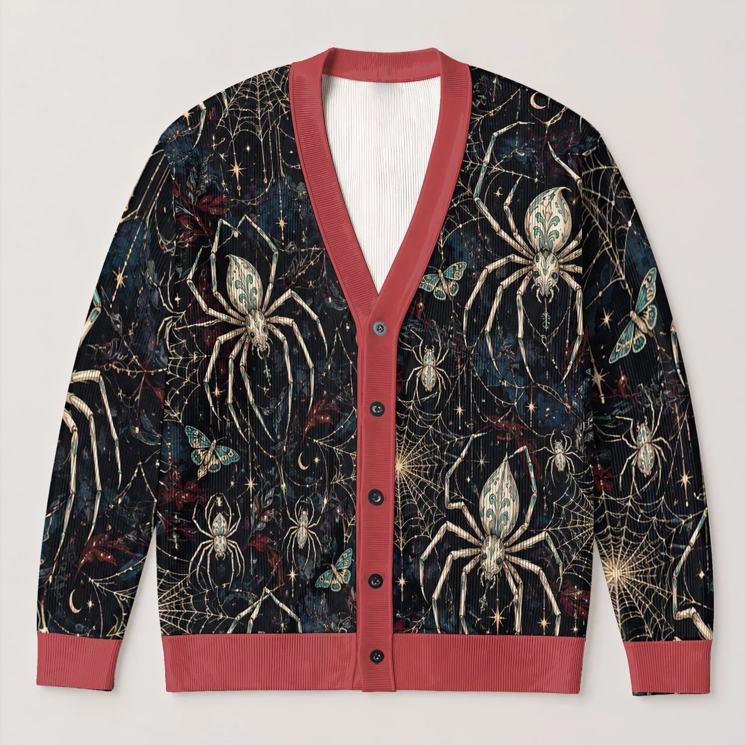 Gothic Spider Webs and Cosmic Spiders for Dark Academia Everyday Style All-over Print Knitted Cardigan - 1