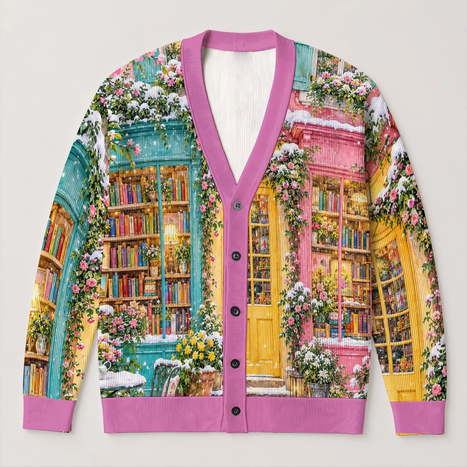 Watercolor Bookstore Snow Scene for Cozy Autumn Winter Everyday Style All-over Print Knitted Cardigan - 1