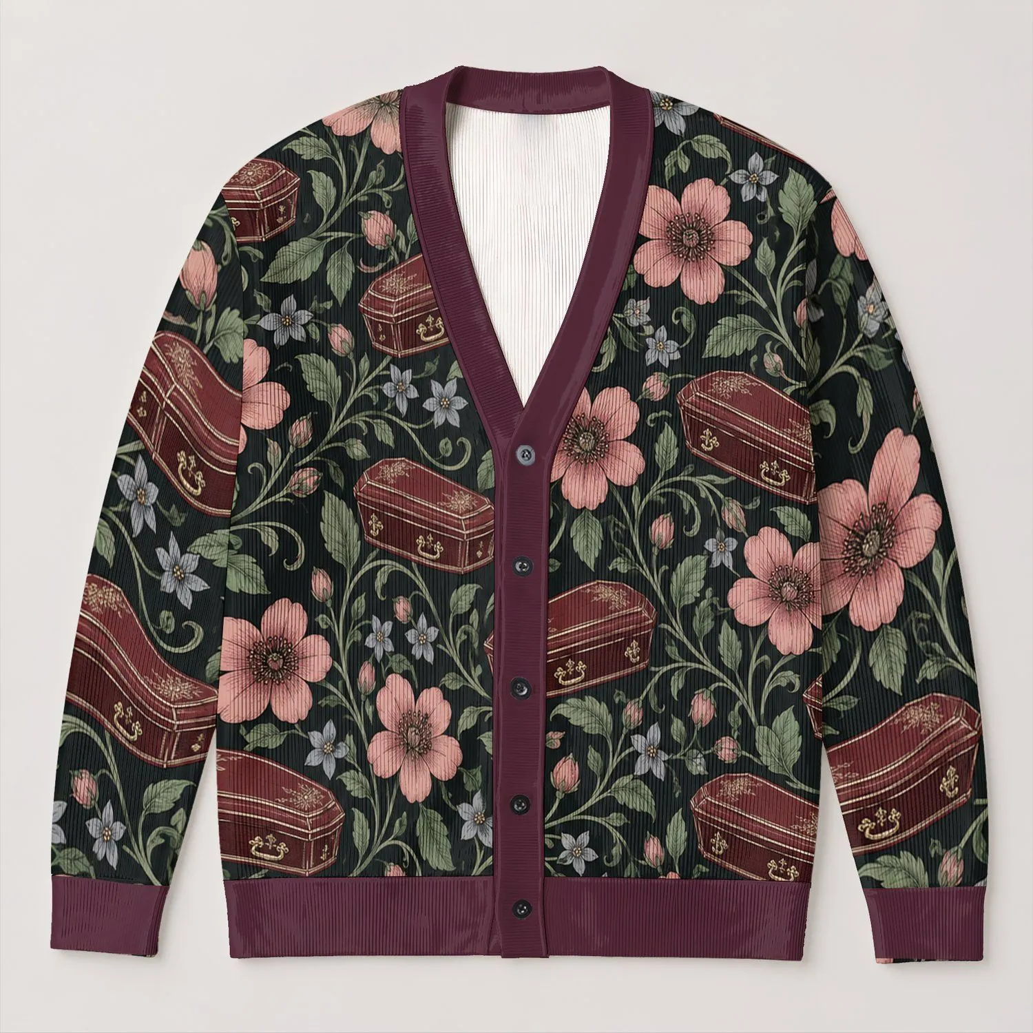 Gothic Pink Blossom Coffin Botanical Motif for Halloween Nights and Dark Academia Style All-over Print Knitted Cardigan - 1