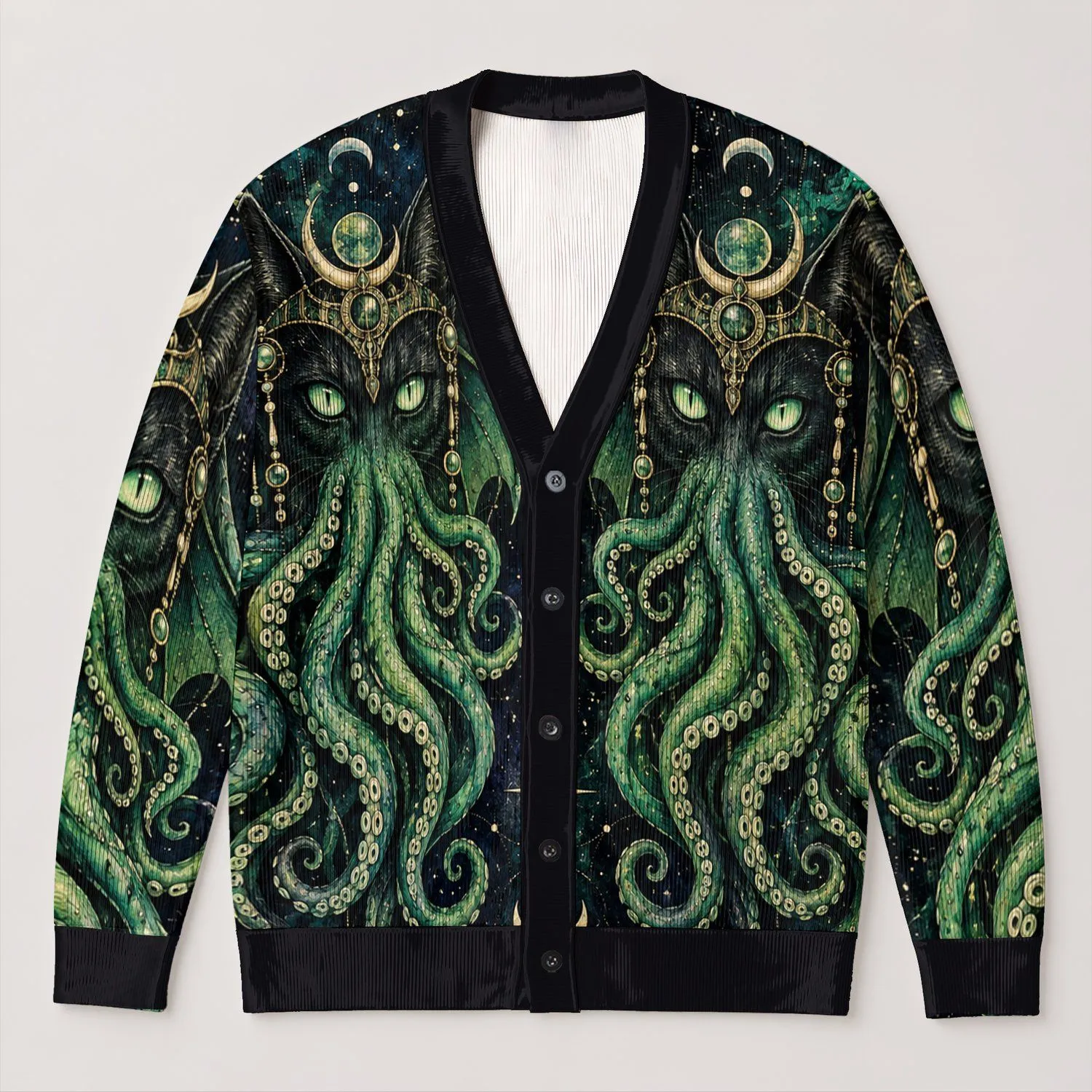 Cthulhu Moonphase Tentacle Cats for Halloween Nights and Cosmic Gothic Everyday Style All-over Print Knitted Cardigan - 1