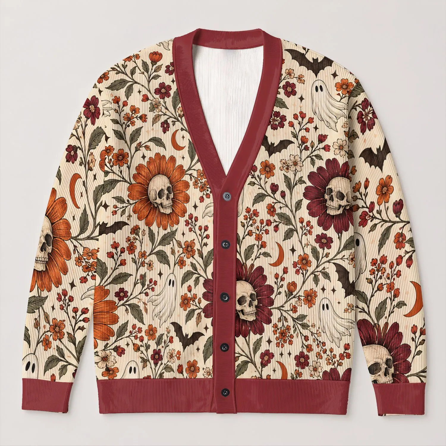 Skull Flower Bat And Ghost Halloween Style For Autumn Outings And Parties All-over Print Knitted Cardigan - 1