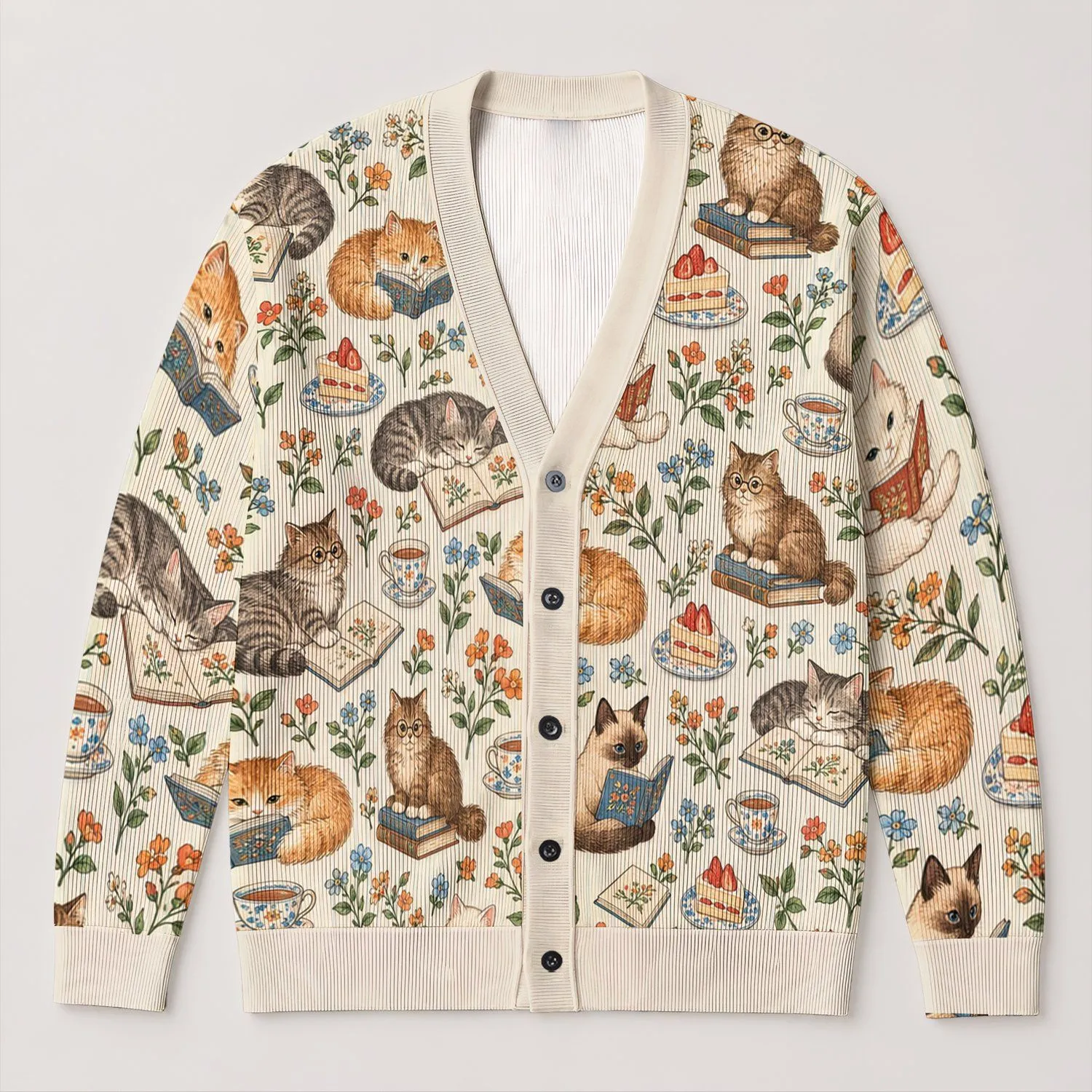 Reading Cats, Books And Strawberry Cake For Cozy Back To School Days All-over Print Knitted Cardigan - 1