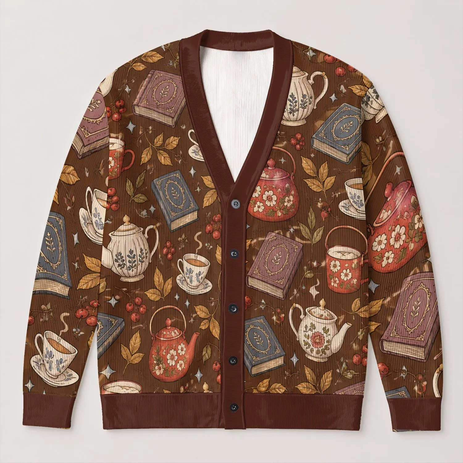 Autumn Teapot Book and Leaf Motifs for Cozy Everyday Layering and Tea Lovers All-over Print Knitted Cardigan - 1