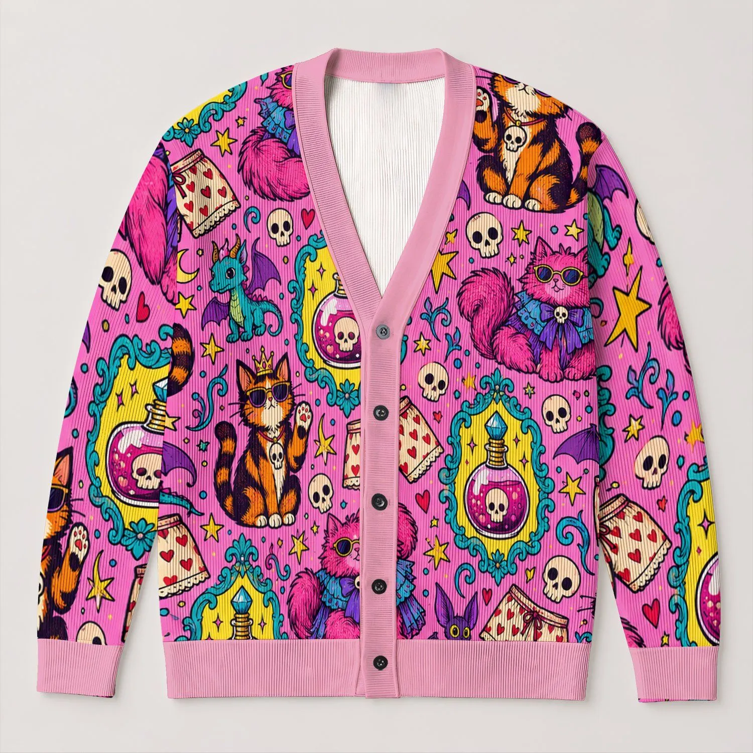 Cartoon Potion Cats And Quirky Magic Icons For Playful Everyday Layering All-over Print Knitted Cardigan - 1
