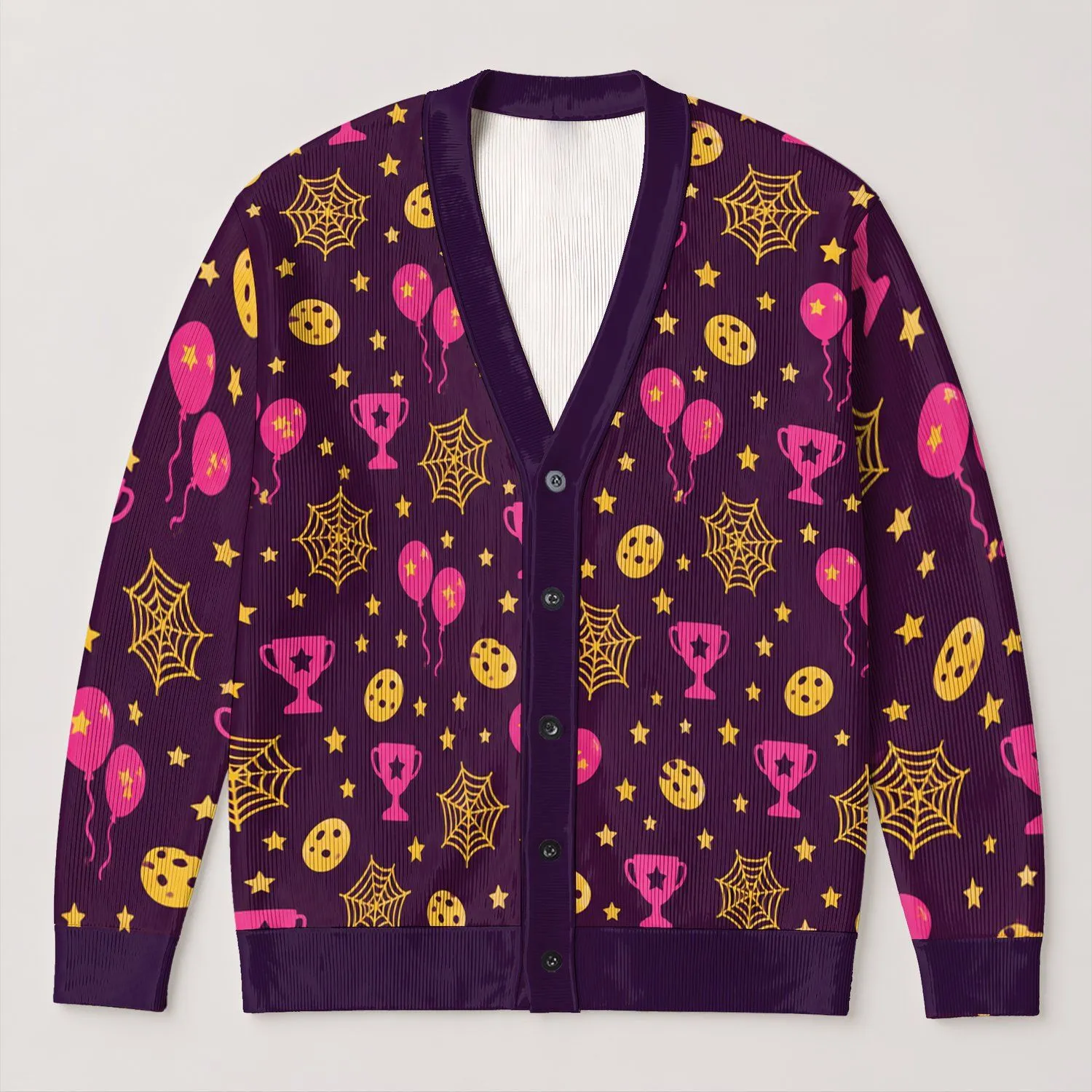 Spider Webs, Pink Balloons And Cookies For Playful Halloween Style All-over Print Knitted Cardigan - 1