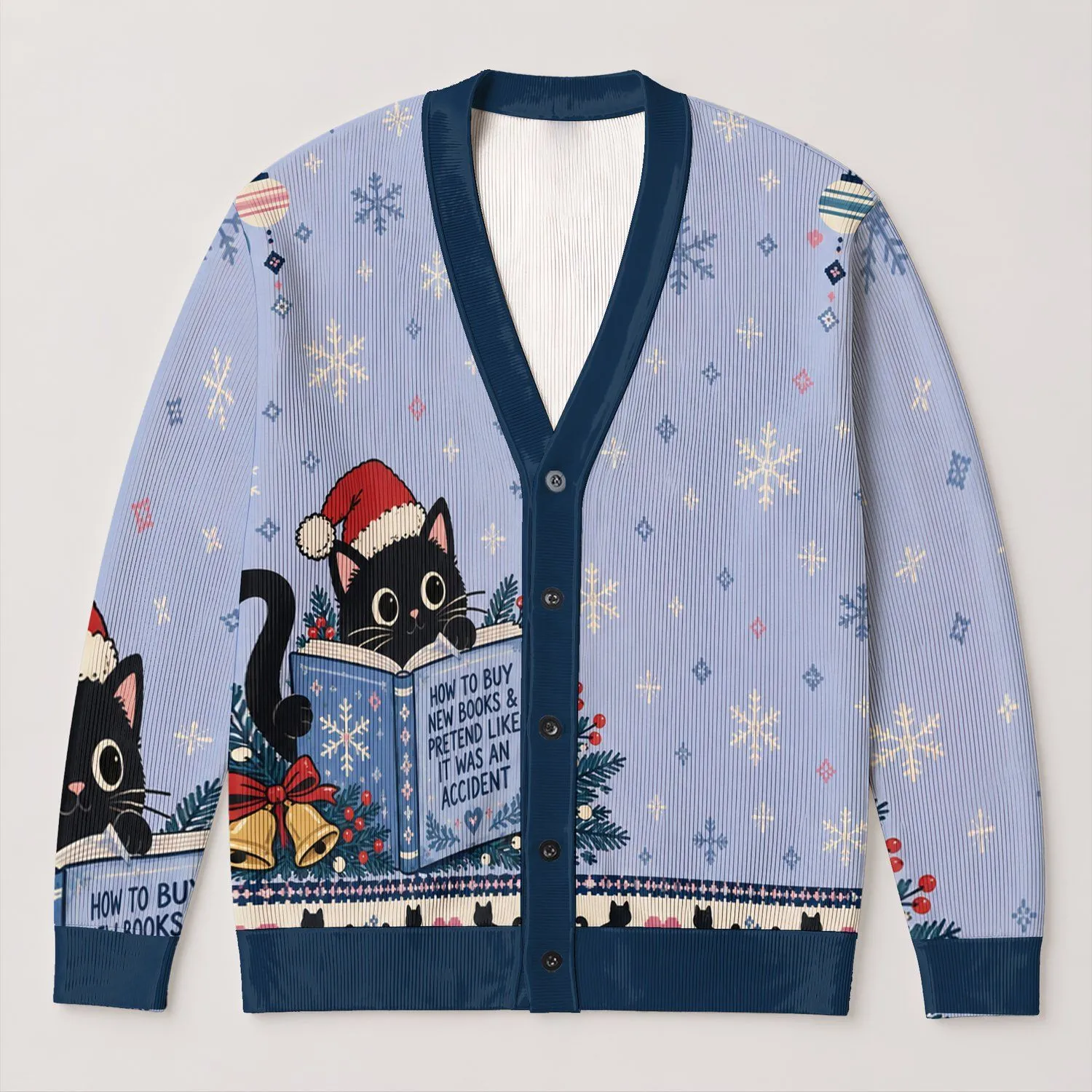 Black Cat Reading Book Hearts and Paw Prints for Cozy Winter Holiday Readers All-over Print Knitted Cardigan - 1