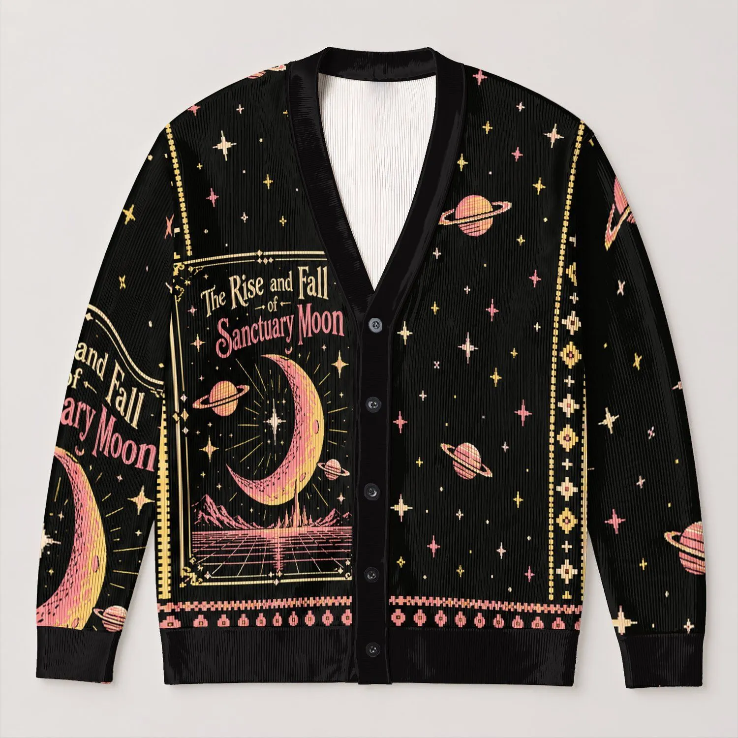 Retro Moon And Planet Motifs For Cozy Autumn Stargazing And Everyday Teen Style All-over Print Knitted Cardigan - 1