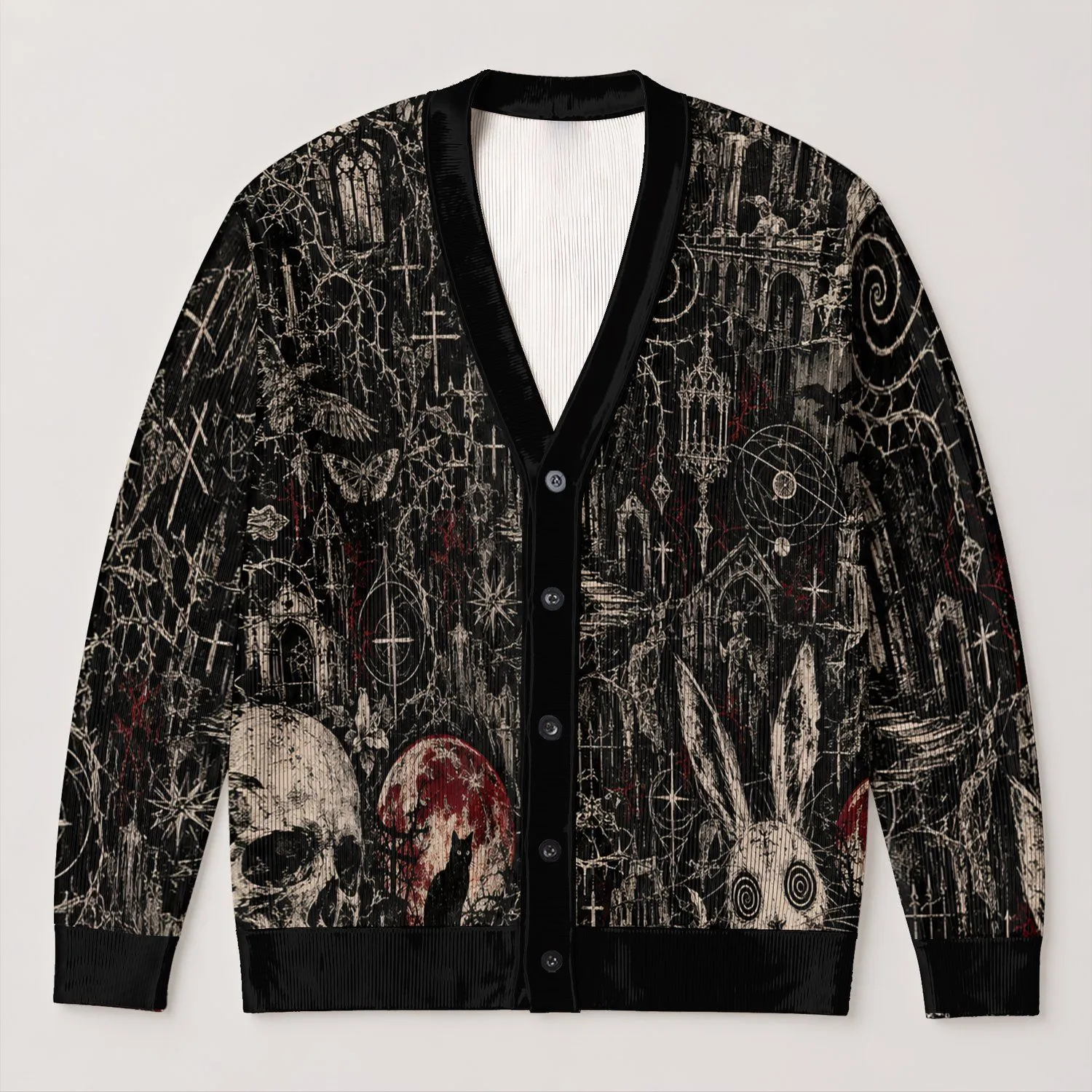 Gothic Skull Collage With Red Moon Cats for Alternative Everyday Layering All-over Print Knitted Cardigan - 1