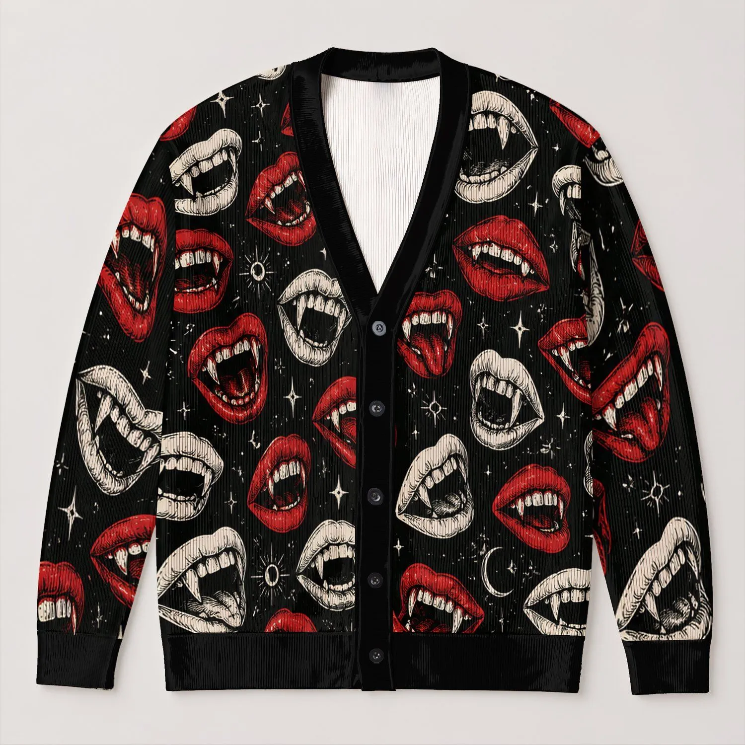Vampire Fanged Lips for Halloween Nights and Alternative Streetwear for Teenagers All-over Print Knitted Cardigan - 1