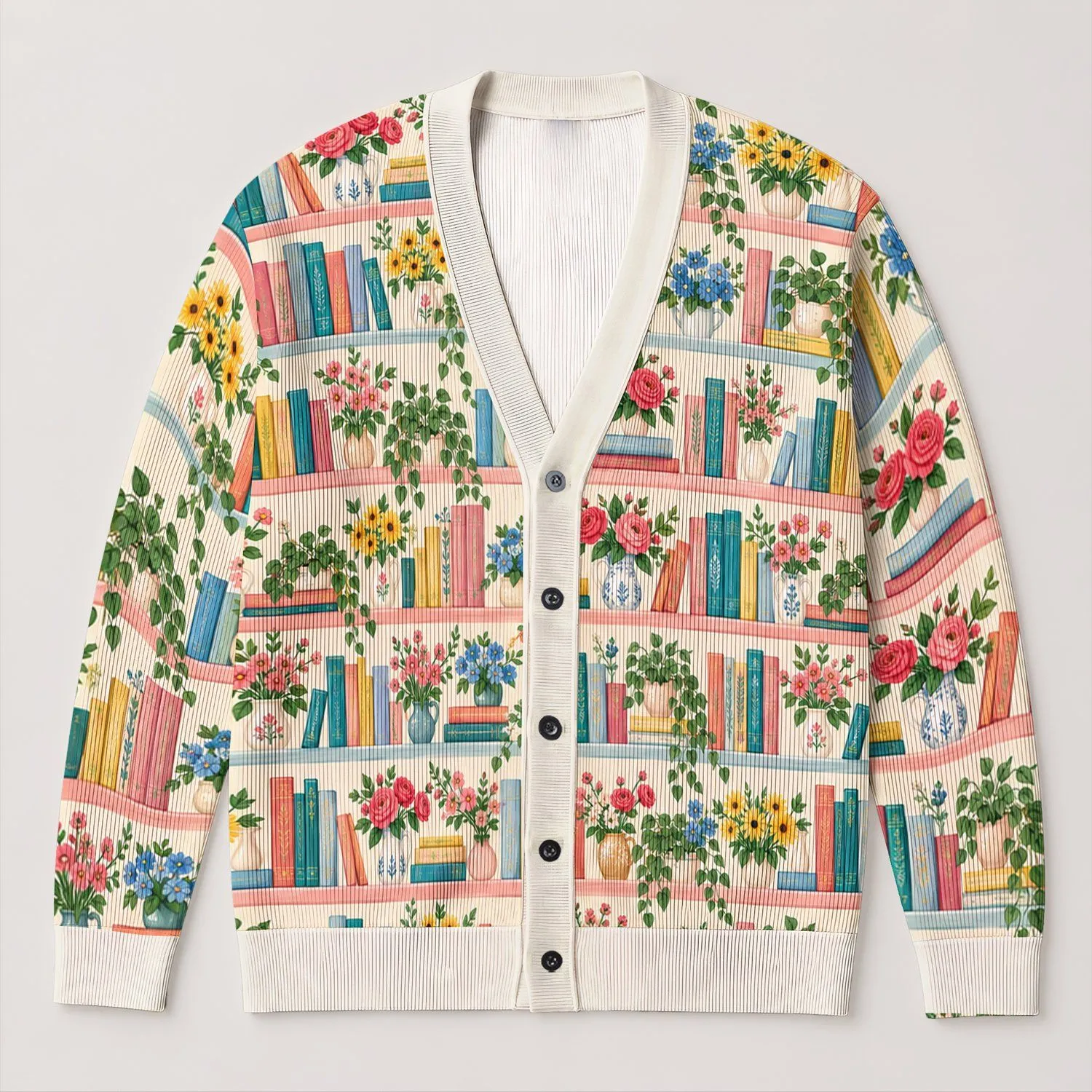 Colorful Books and Wildflowers for Cozy Reading Days, Book Lovers and Nature Fans All-over Print Knitted Cardigan - 1