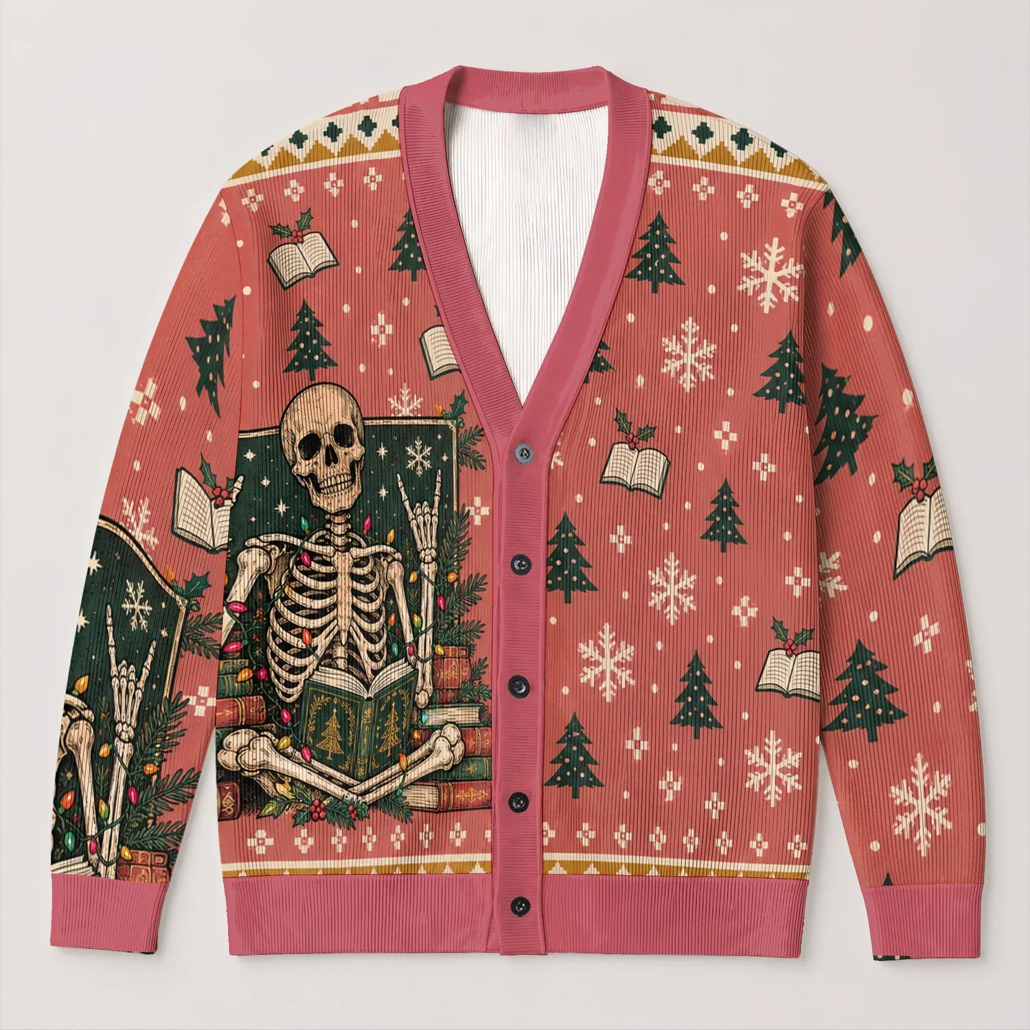 Skeleton Book Lover Holiday Scene for Cozy Reading Days and Winter Cheer All-over Print Knitted Cardigan - 1