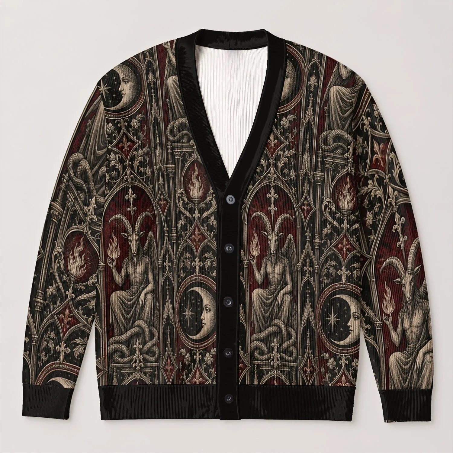 Gothic Baphomet and Crescent Moon Motifs for Halloween Nights and Occult Style Lovers All-over Print Knitted Cardigan - 1