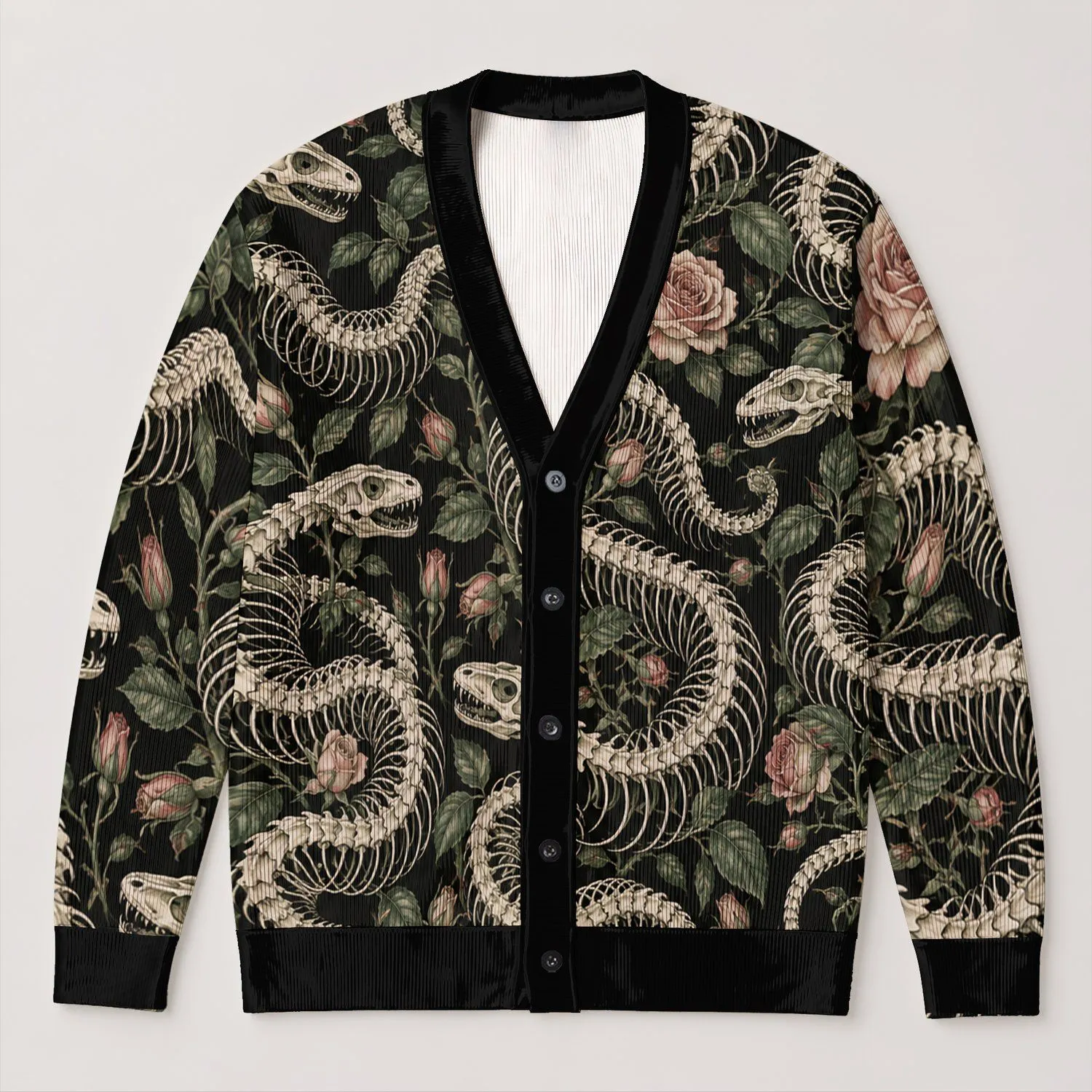 Gothic Snake Skeletons and Roses for Halloween Nights and Everyday Dark Academia All-over Print Knitted Cardigan - 1