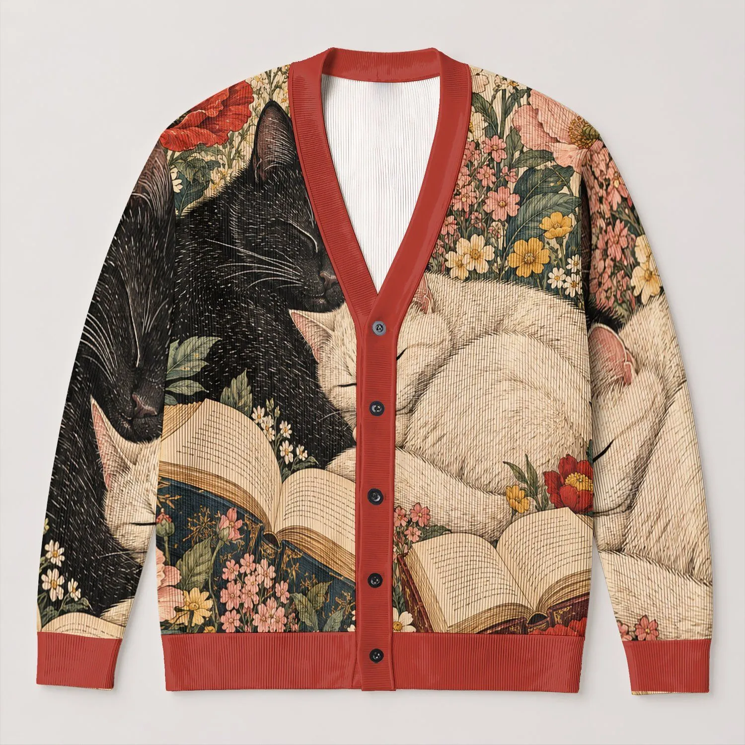 Sleeping Reading Cats With Cottage Garden Flowers for Cozy Fall Evenings All-over Print Knitted Cardigan - 1