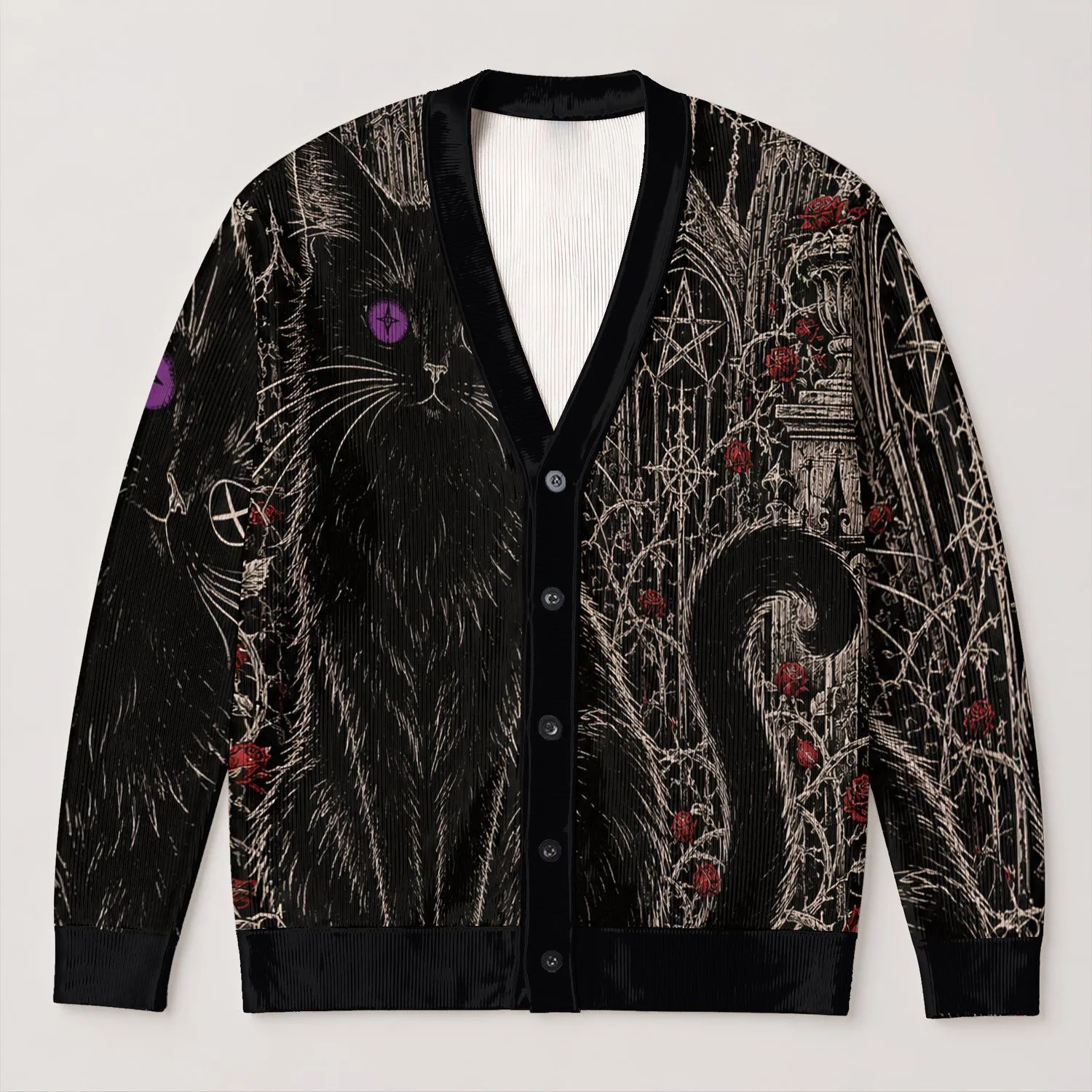Gothic Black Cat And Occult Cathedral Motifs For Everyday Alternative Style All-over Print Knitted Cardigan - 1
