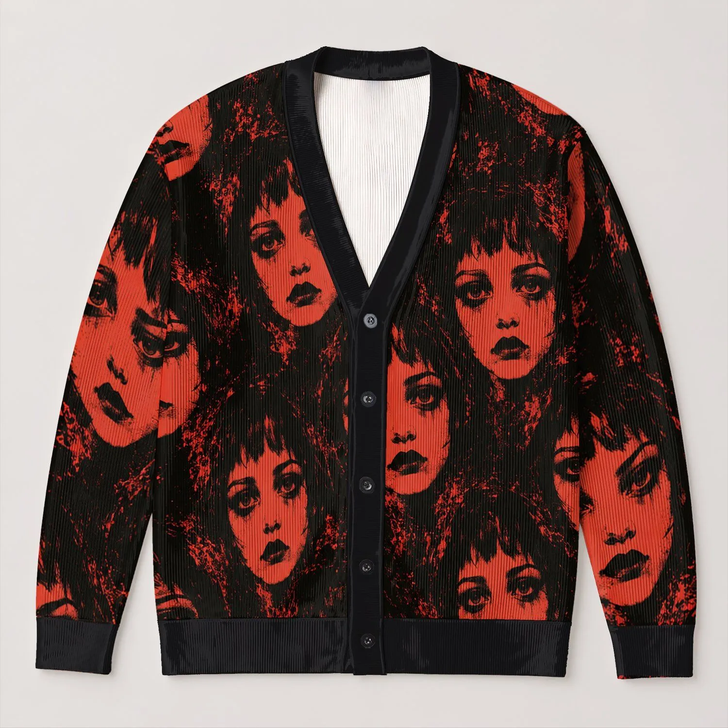 Halloween Red Distressed Portrait Faces for Gothic Fall Style and Everyday Teen Wear All-over Print Knitted Cardigan - 1