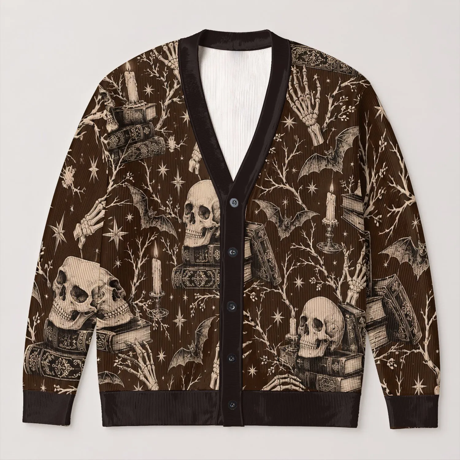 Gothic Skull and Antique Books for Halloween Dark Academia, Teen Fall Everyday Style All-over Print Knitted Cardigan - 1