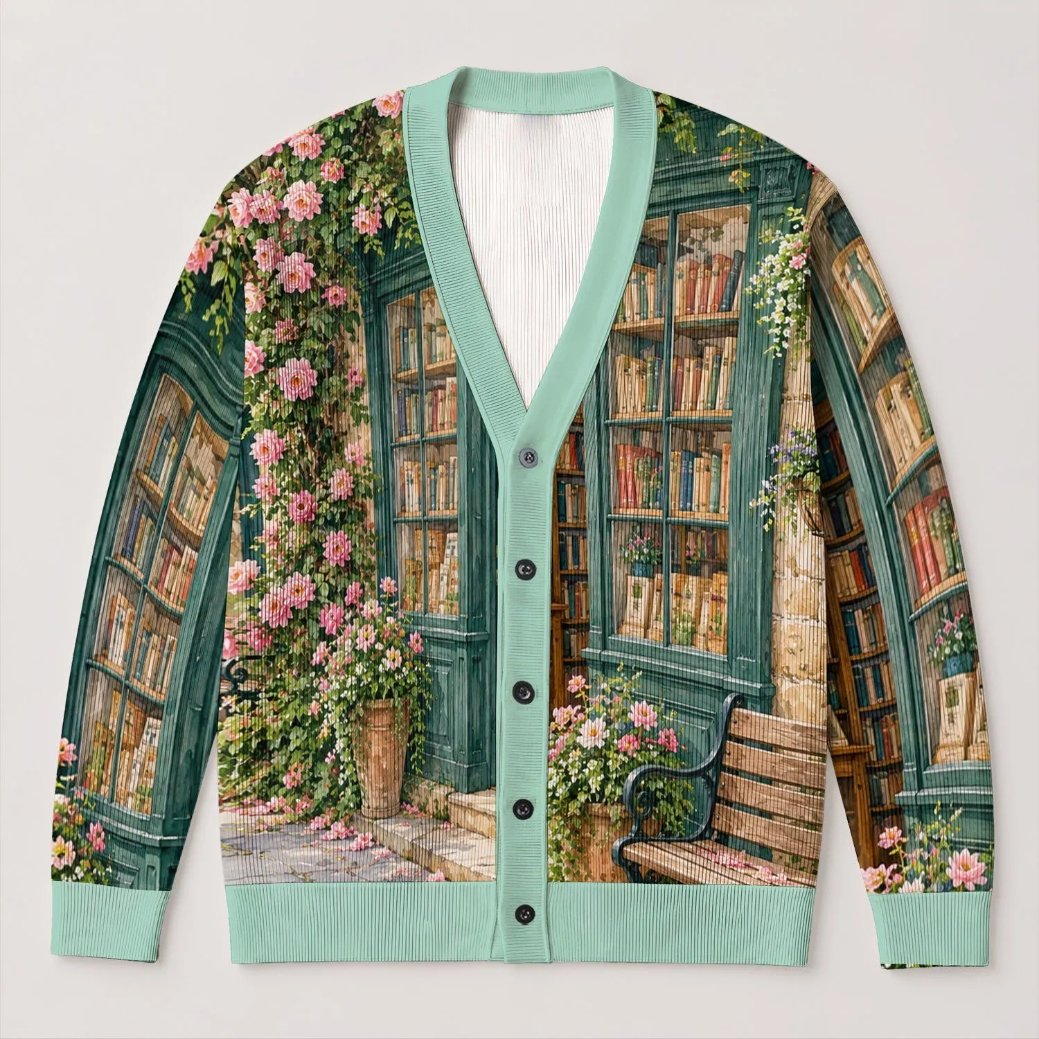 Rose-Covered Bookshop Street Scene for Cozy Autumn Reading and Cottagecore Days All-over Print Knitted Cardigan - 1