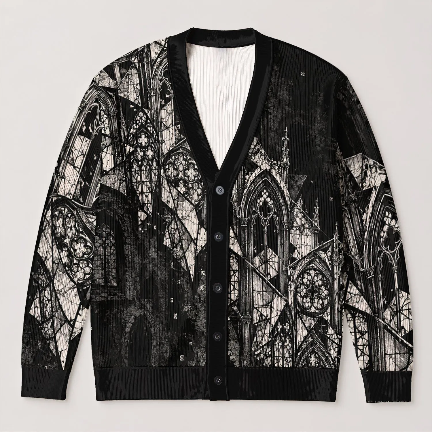 Gothic Church Window Etching for Dark Academia and Everyday Layering All-over Print Knitted Cardigan - 1