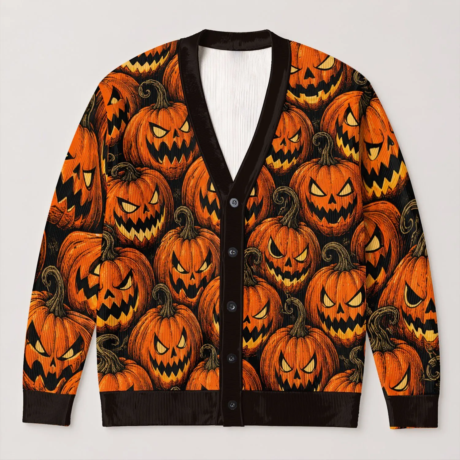 Scary Jack-O’-Lanterns for Halloween Nights and Autumn Celebrations All-over Print Knitted Cardigan - 1