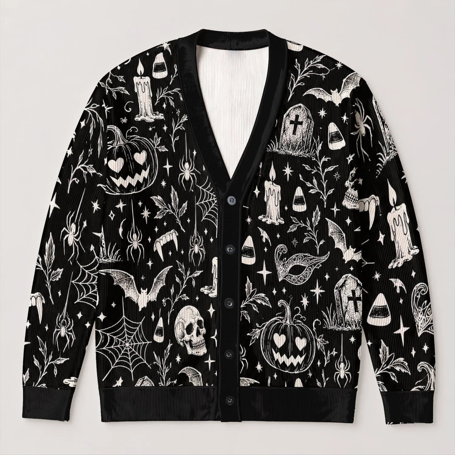 Halloween Pumpkin Bat Spider and Tombstone Motifs for Autumn Celebrations Teen Style All-over Print Knitted Cardigan - 1