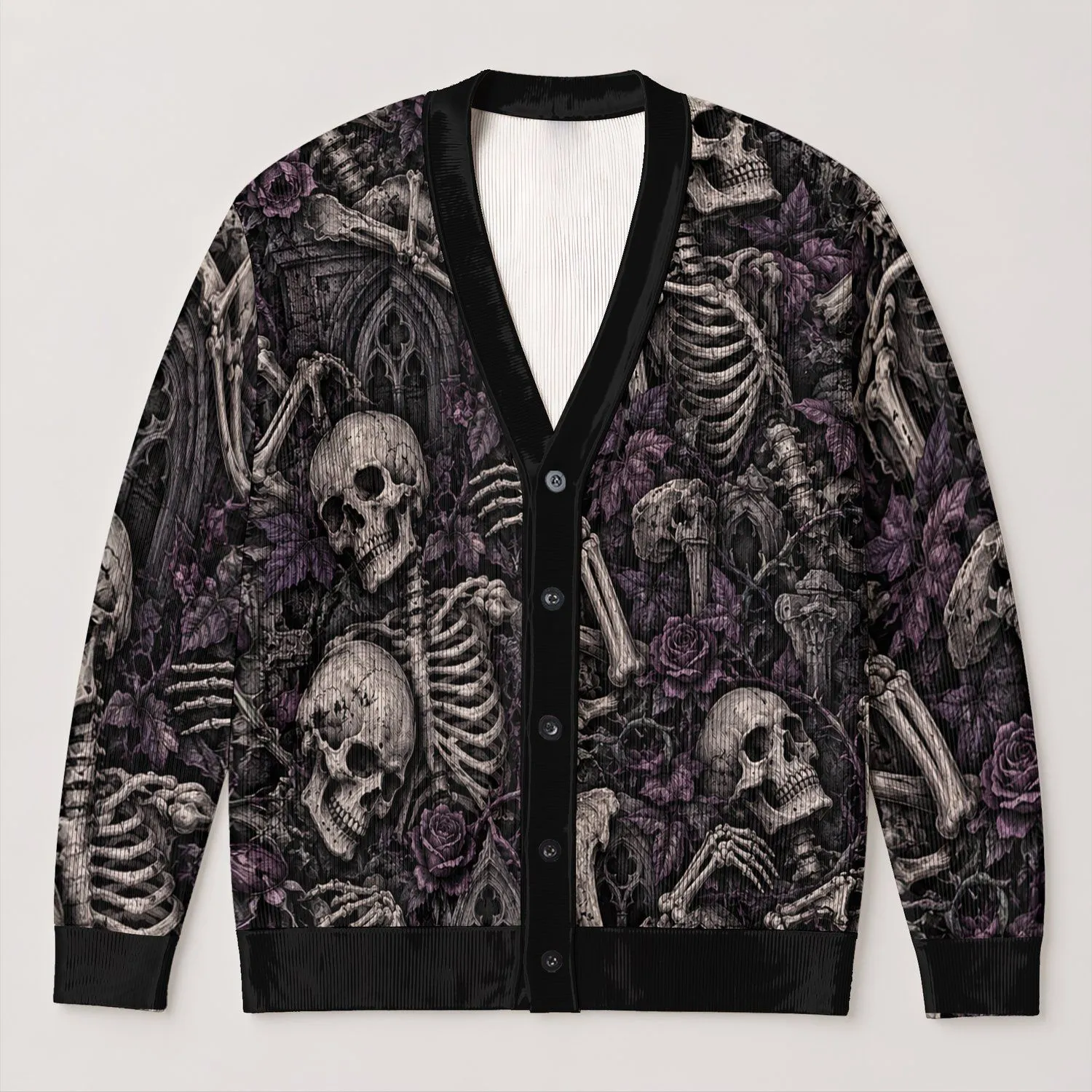 Gothic Skull and Skeleton Motifs for Halloween Nights and Dark Autumn Outings for Teens All-over Print Knitted Cardigan - 1