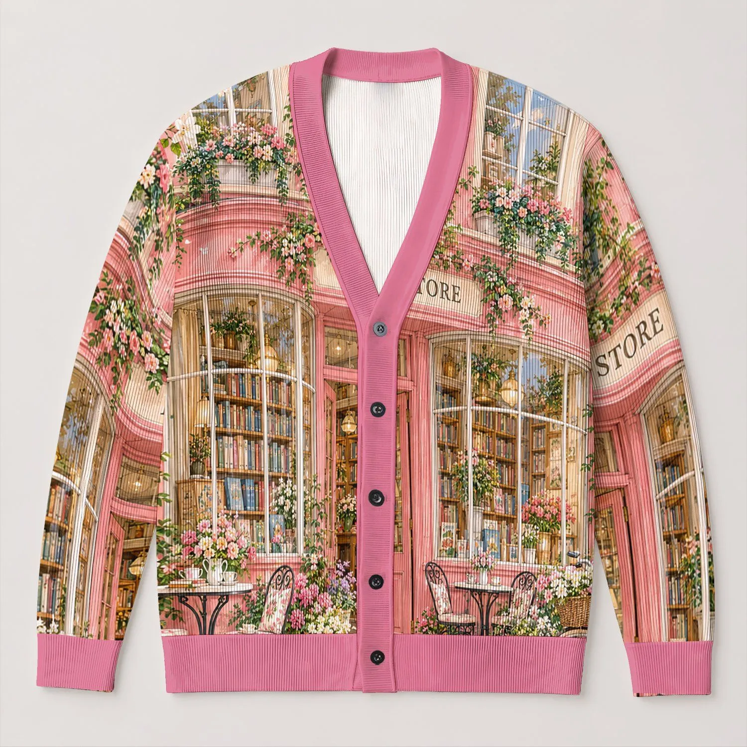 Pink Bookshop Cafe and Cherry Blossoms for Spring Reading Days and Cozy Outings All-over Print Knitted Cardigan - 1