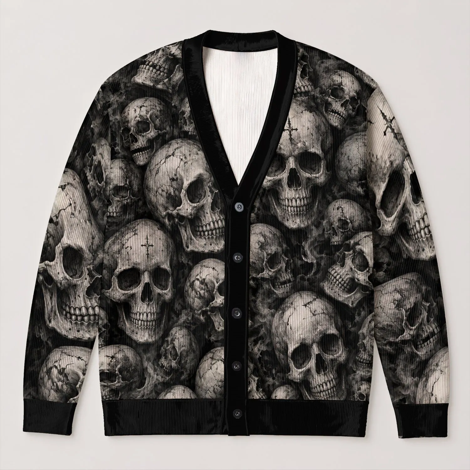 Vintage Grinning Skull Motifs for Halloween Nights and Everyday Dark Style All-over Print Knitted Cardigan - 1