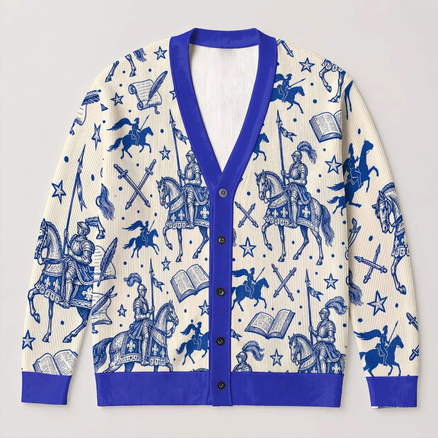 Medieval Knight and Horse Motifs for Halloween Cosplay and Everyday Fall Layering Teen Style All-over Print Knitted Cardigan - 1