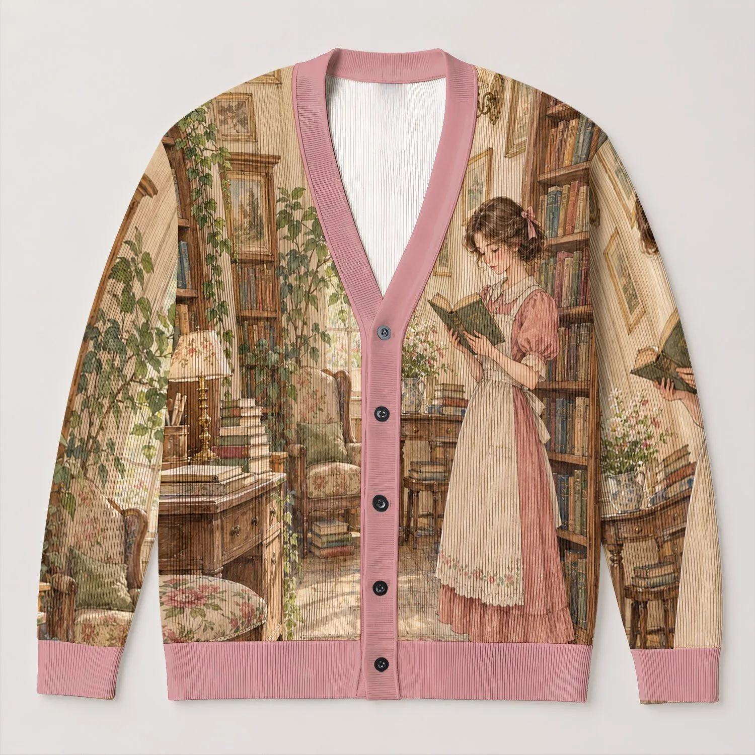 Vintage Library Girl Reading Books for Cozy Autumn Study Days and Quiet Book Lovers All-over Print Knitted Cardigan - 1