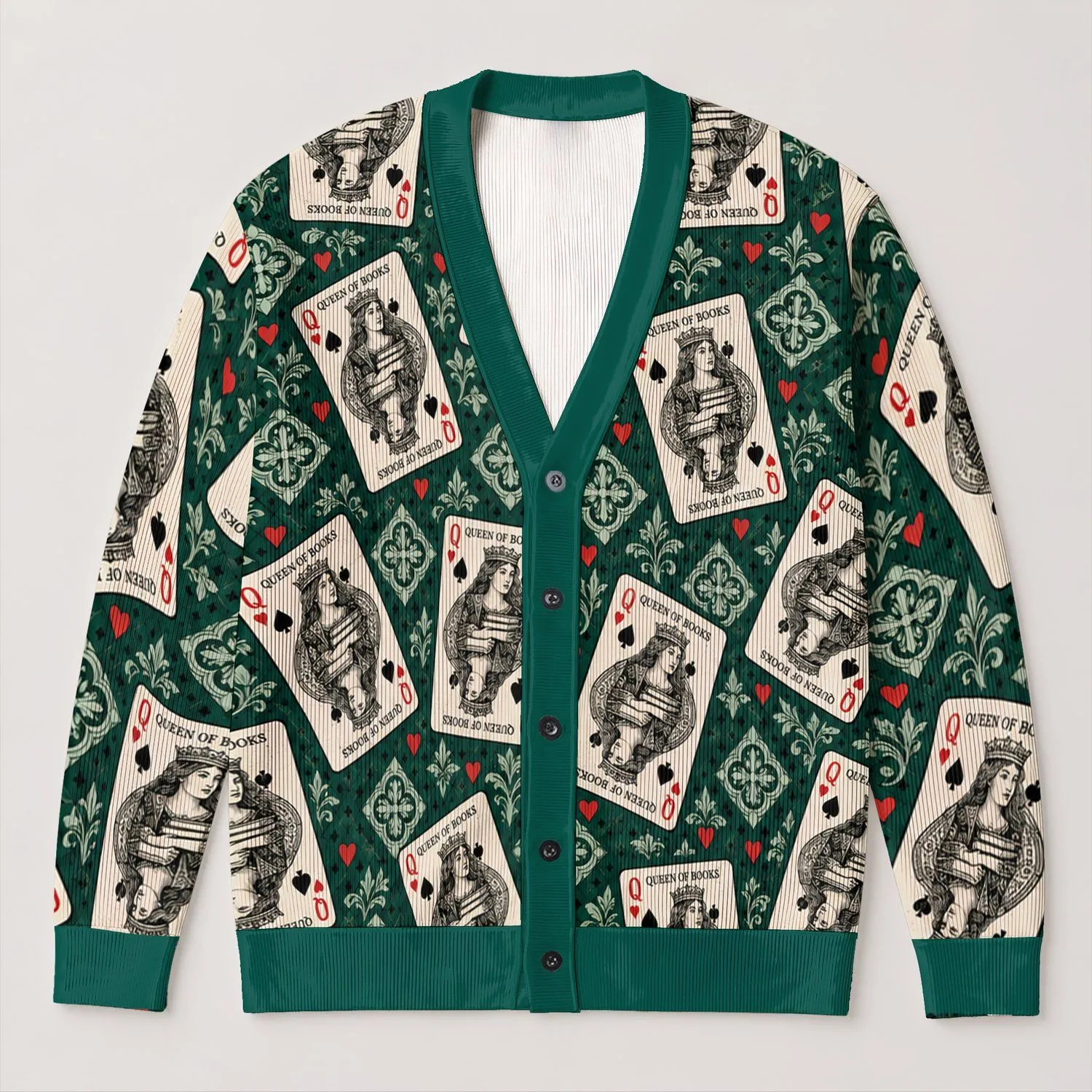 Queen Of Books Playing Cards For Cozy Autumn Days And Bookish Casual Style All-over Print Knitted Cardigan - 1