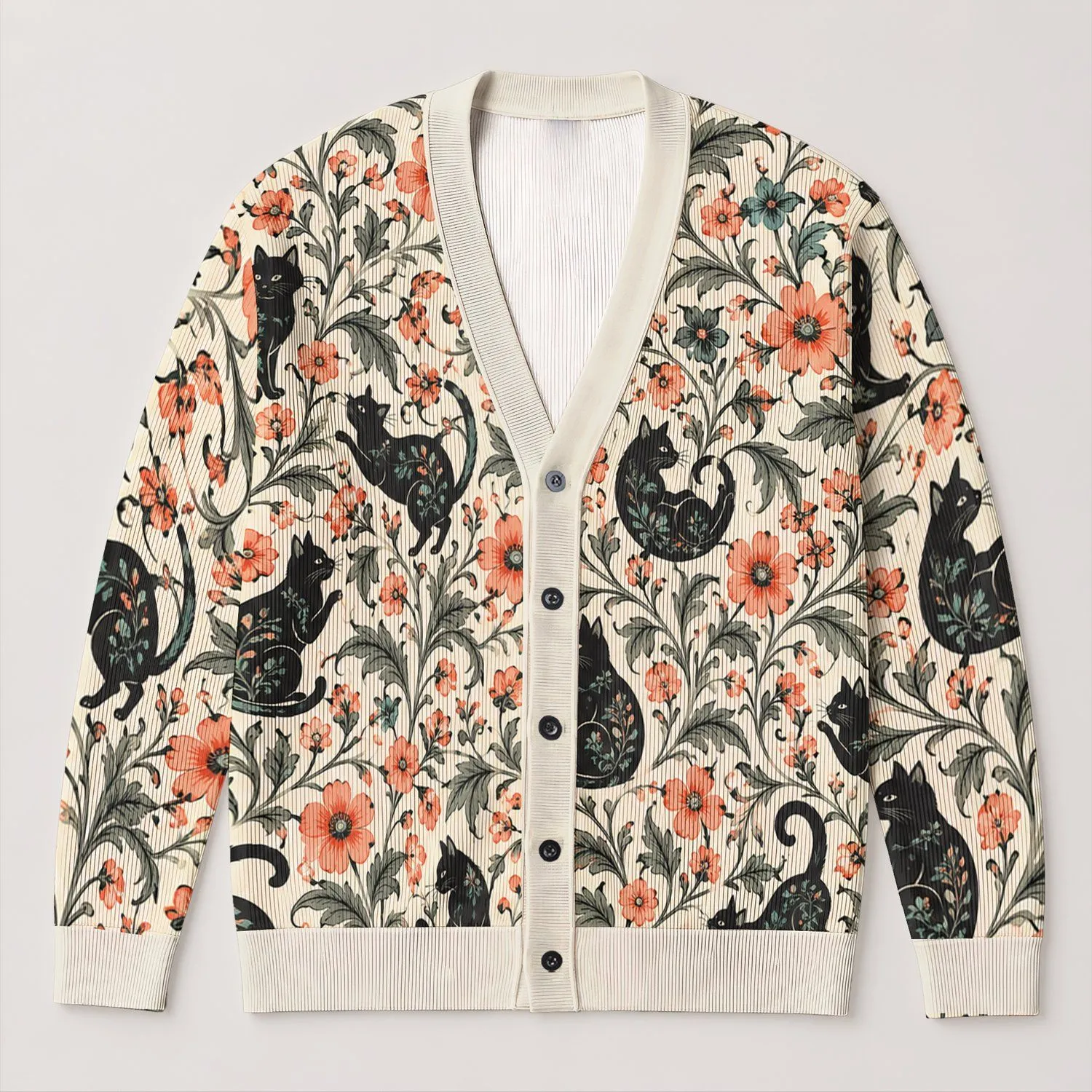 Dark Cats and Coral Wildflowers for Cozy Autumn Cottagecore Everyday Layering Style All-over Print Knitted Cardigan - 1