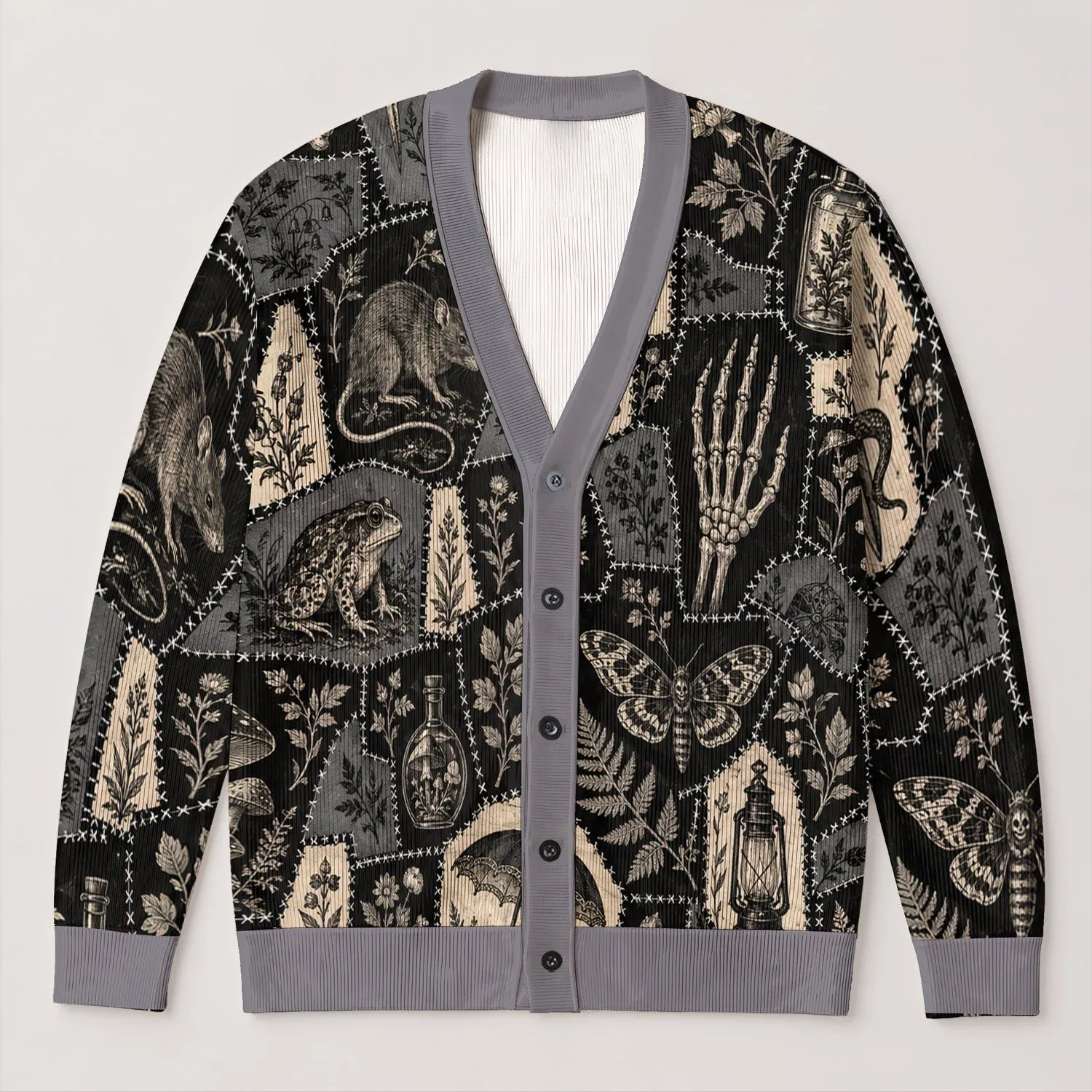 Gothic Skull Sword Mushroom Patchwork for Everyday Alternative Layering All-over Print Knitted Cardigan - 1