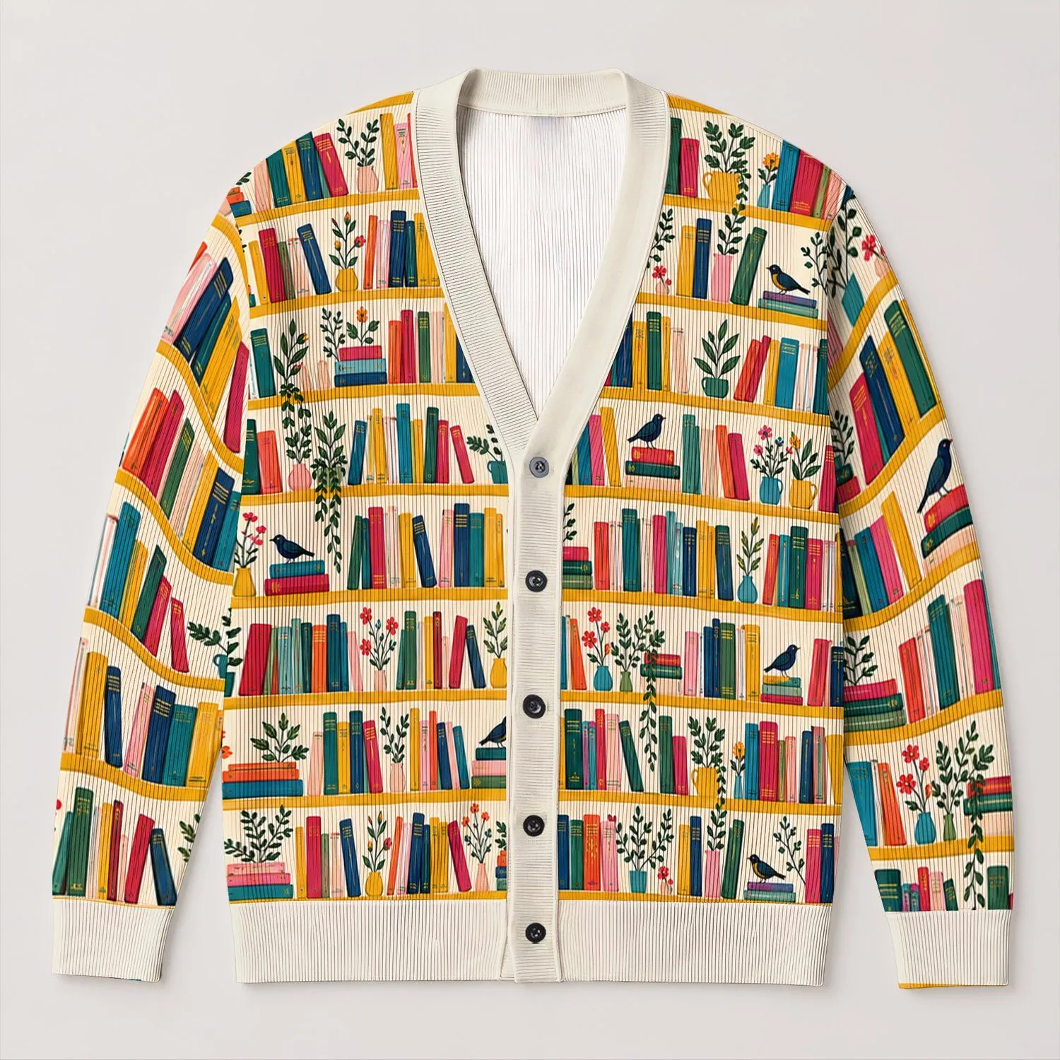 Colorful Books And Botanical Sprigs For Cozy Study Days And Library Lovers Teen Readers All-over Print Knitted Cardigan - 1