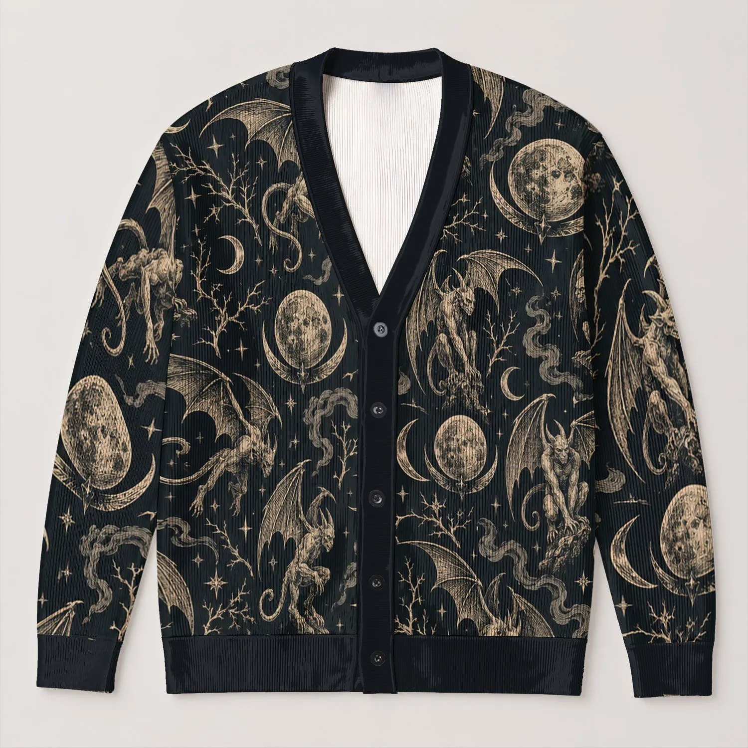 Gothic Gargoyle and Crescent Moon Motifs for Everyday Dark Academia Style All-over Print Knitted Cardigan - 1