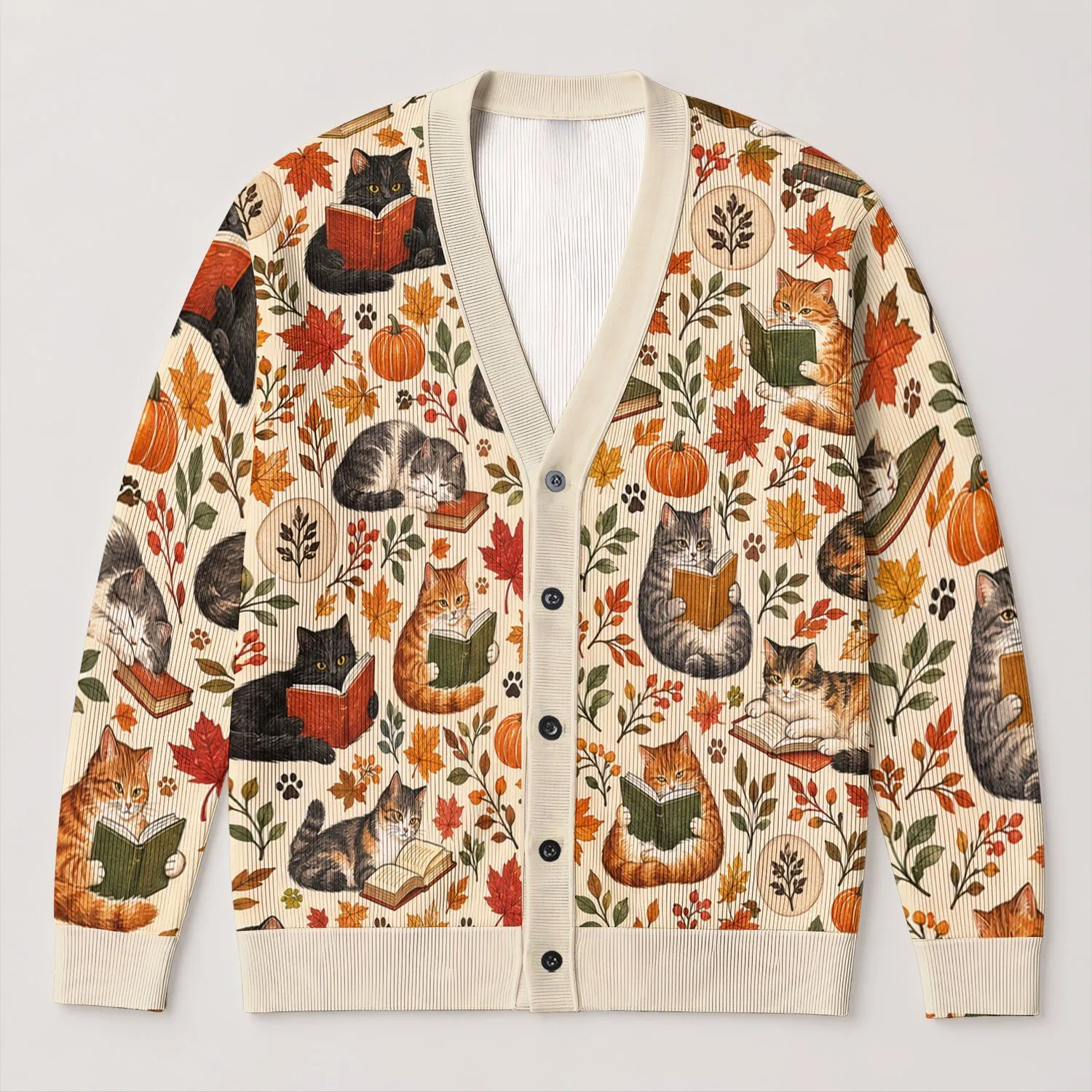 Autumn Cats Reading Among Maple Leaves for Cozy Fall Days and Book Lovers All-over Print Knitted Cardigan - 1
