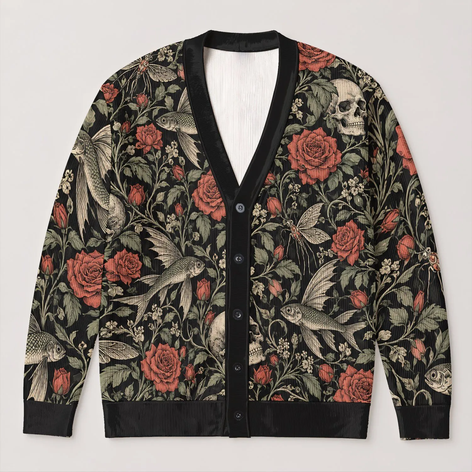 Gothic Skull, Rose and Flying Fish Botanicals for Spooky Autumn Layering Teen Style All-over Print Knitted Cardigan - 1