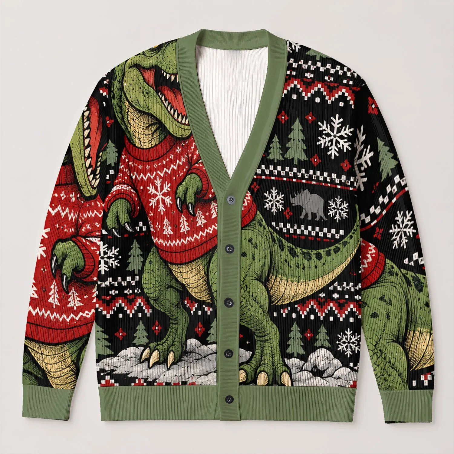 Funny Green T Rex in Cozy Holiday Scene for Teen Dinosaur Fans and Winter Parties All-over Print Knitted Cardigan - 1