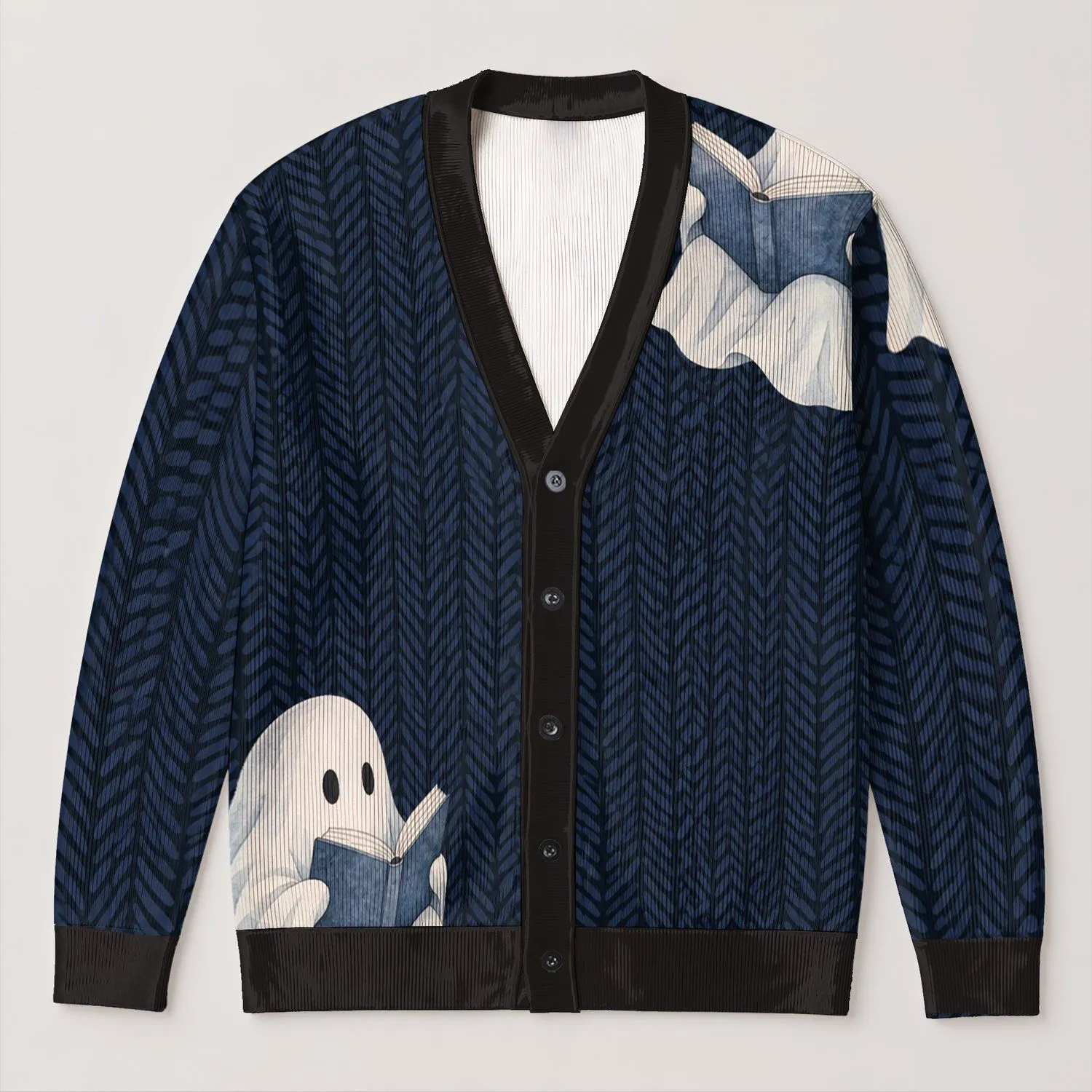 Reading Ghosts with Books for Scholarly Autumn Study and Dark Academia Days All-over Print Knitted Cardigan - 1