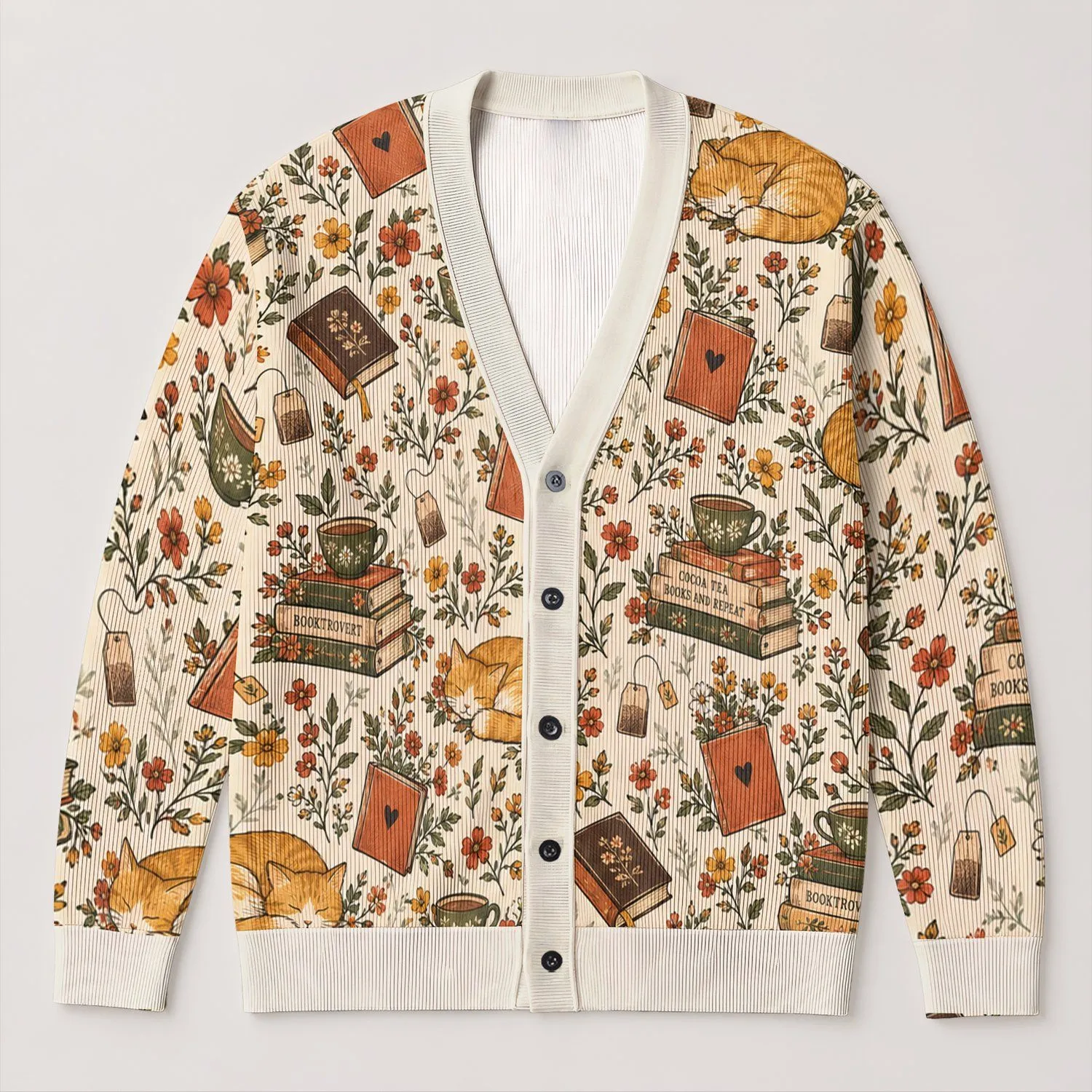 Book Lover Tea Cup And Sleeping Cat Motifs For Cozy Autumn Reading And Study Days All-over Print Knitted Cardigan - 1
