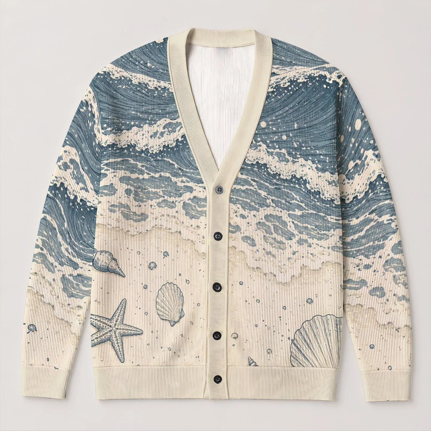 Coastal Waves And Seashells For Relaxed Beach Days And Everyday Summer Style All-over Print Knitted Cardigan - 1